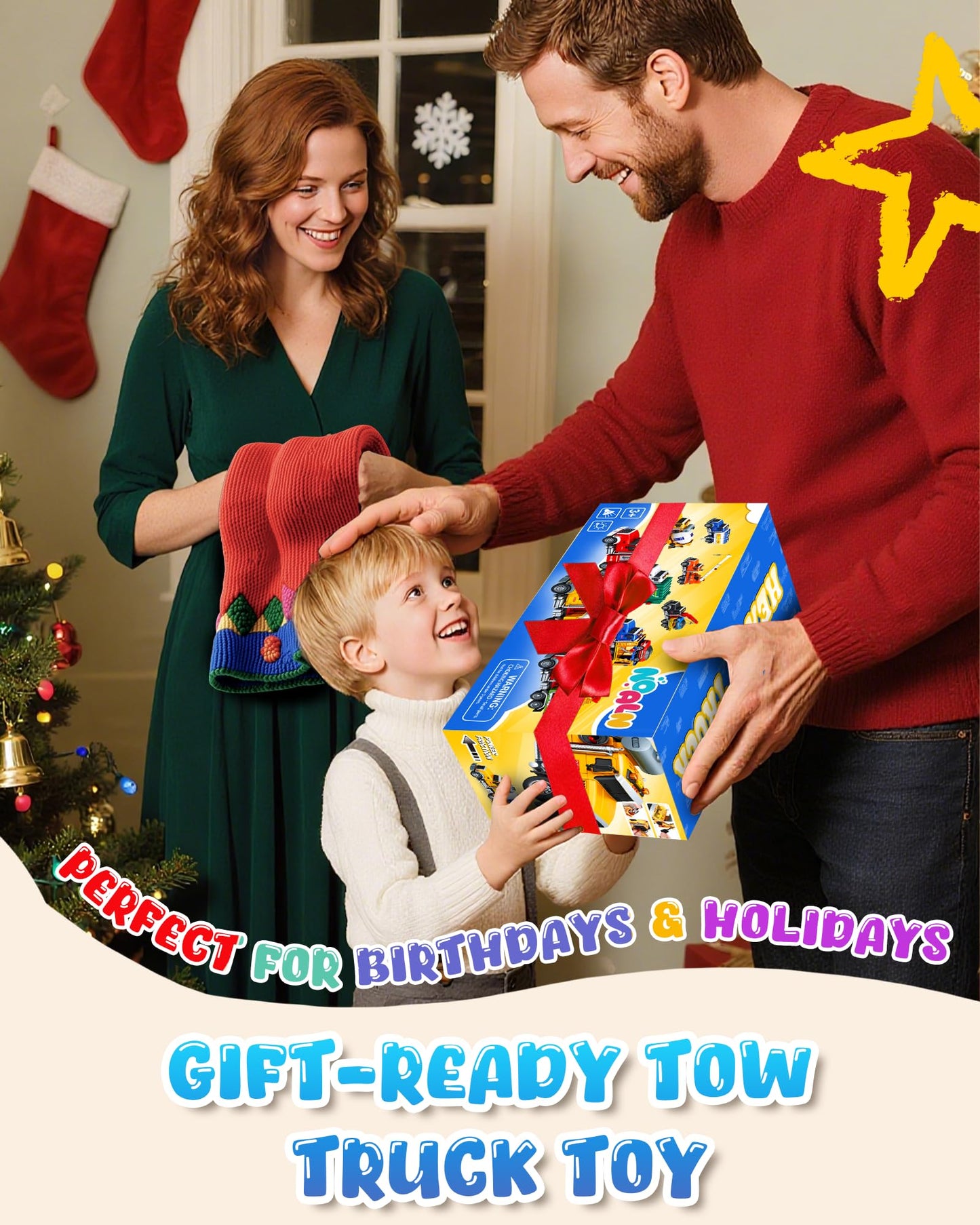 Noaln Kids Toys for 3 4 5 6 7 Years Old Boys, 15" Large Tow Truck Toy, Friction Powered Transport Toy Trucks with Lights and Sounds, Birthday Gifts for Boys & Girls with Racing Car