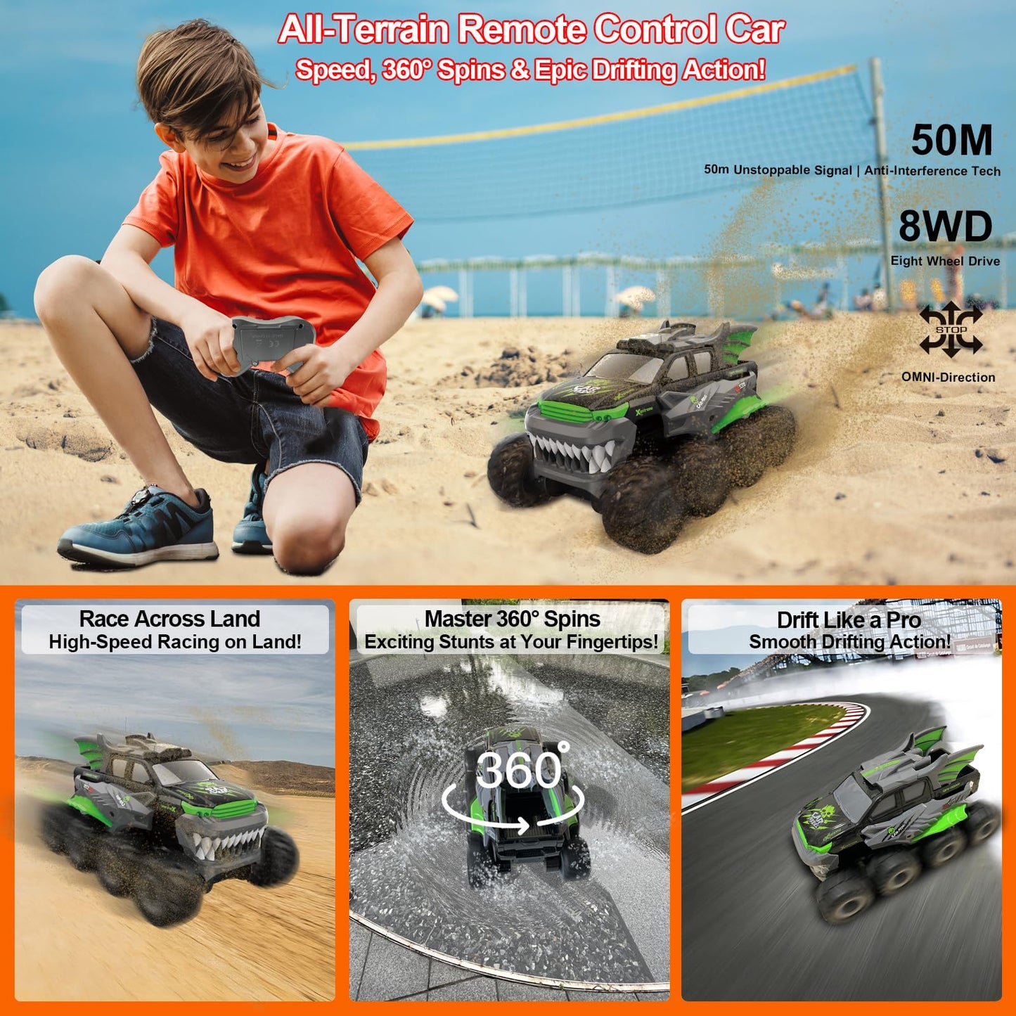 UFULMN Amphibious Remote Control Car 8WD RC Monster Truck with 2 Rechargeable Batteries for Boys Age 8-12 Offroad Waterproof RC Pickup All Terrain RC Drift Cars Beach Pool Toys Gifts for Kids Green