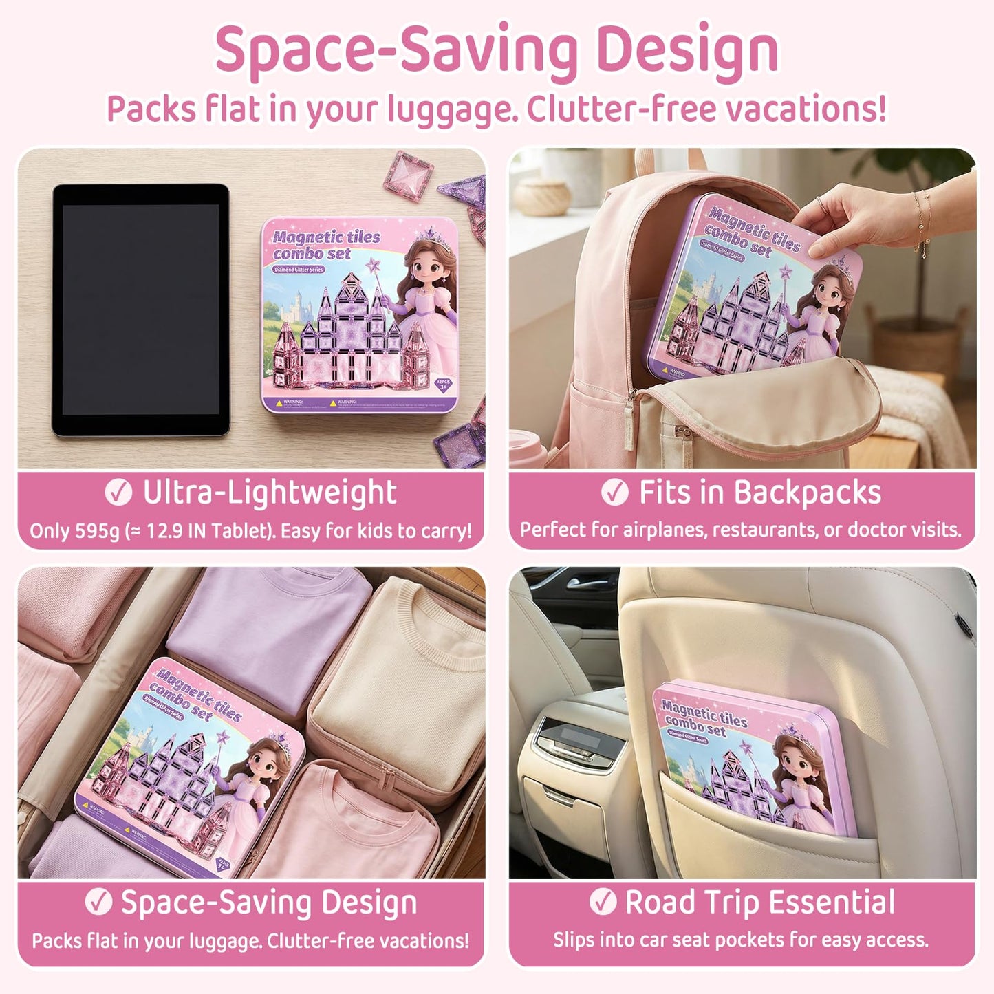 STEM MATCH Magnetic Tiles Girls Travel Toy: 42 PCS Pink Glitter Building Blocks Castle Tin Box - 120 Mins Quiet Play 60s Cleanup - Toddler Kids Gift Age 3 4 5 6