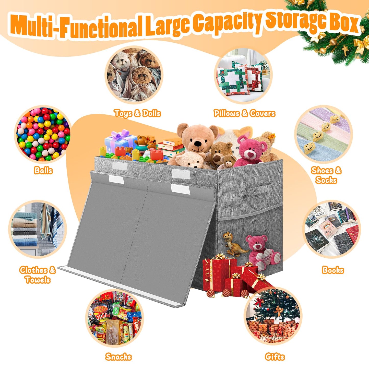 Rocamdo Large Toy Storage Box with Lid Divider, Sturdy Collapsible Toys Organizer Chest Kids Storage Bins Boxes Baskets for Boys, Girls, Nursery, Bedroom, Living Room, Playroom, 25"x13"x16", Gray
