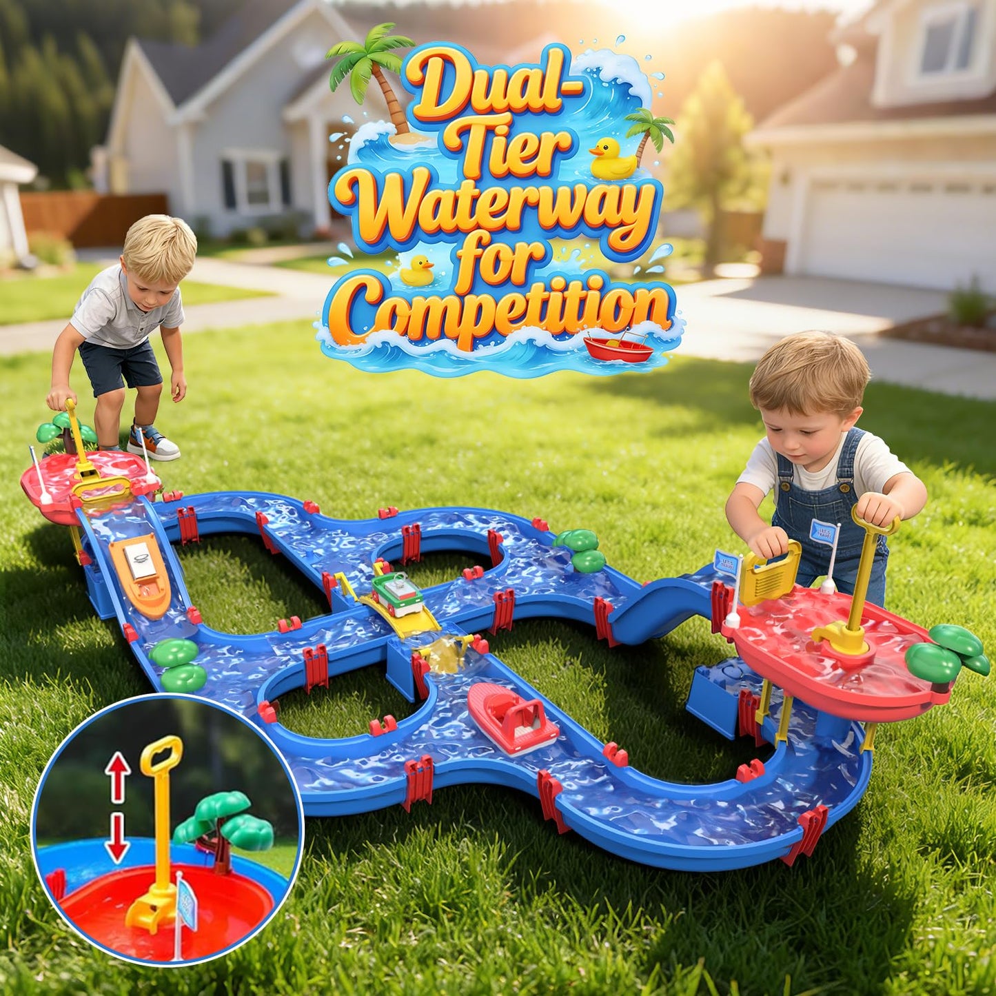 VATOS 2-Tier Toddlers Water Table Toy, 114 PCS DIY Dual-Basin Water Pump, Summer Outdoor Water Toys Backyard, Beach, Balcony, Garden Fun Water Playset for Girls, Boys 3-5 Years Old Pets Families