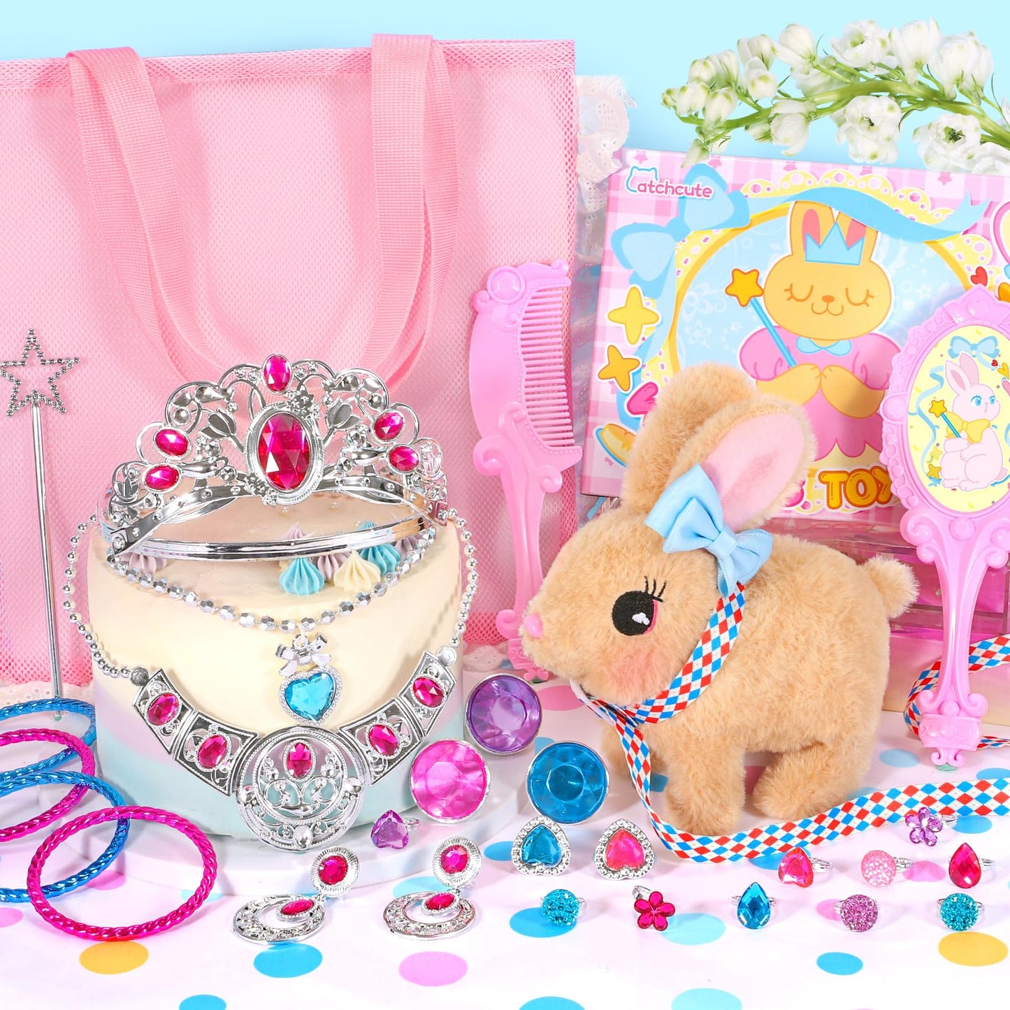 CatchCute Plush Toys Interactive Realistic Walking Bunny Toy Set with Leash and Mesh Storage Bag,Stuffed Bunny with Princess Jewelry Accessories,Perfect Thanksgiving Birthday Gifts for Kids