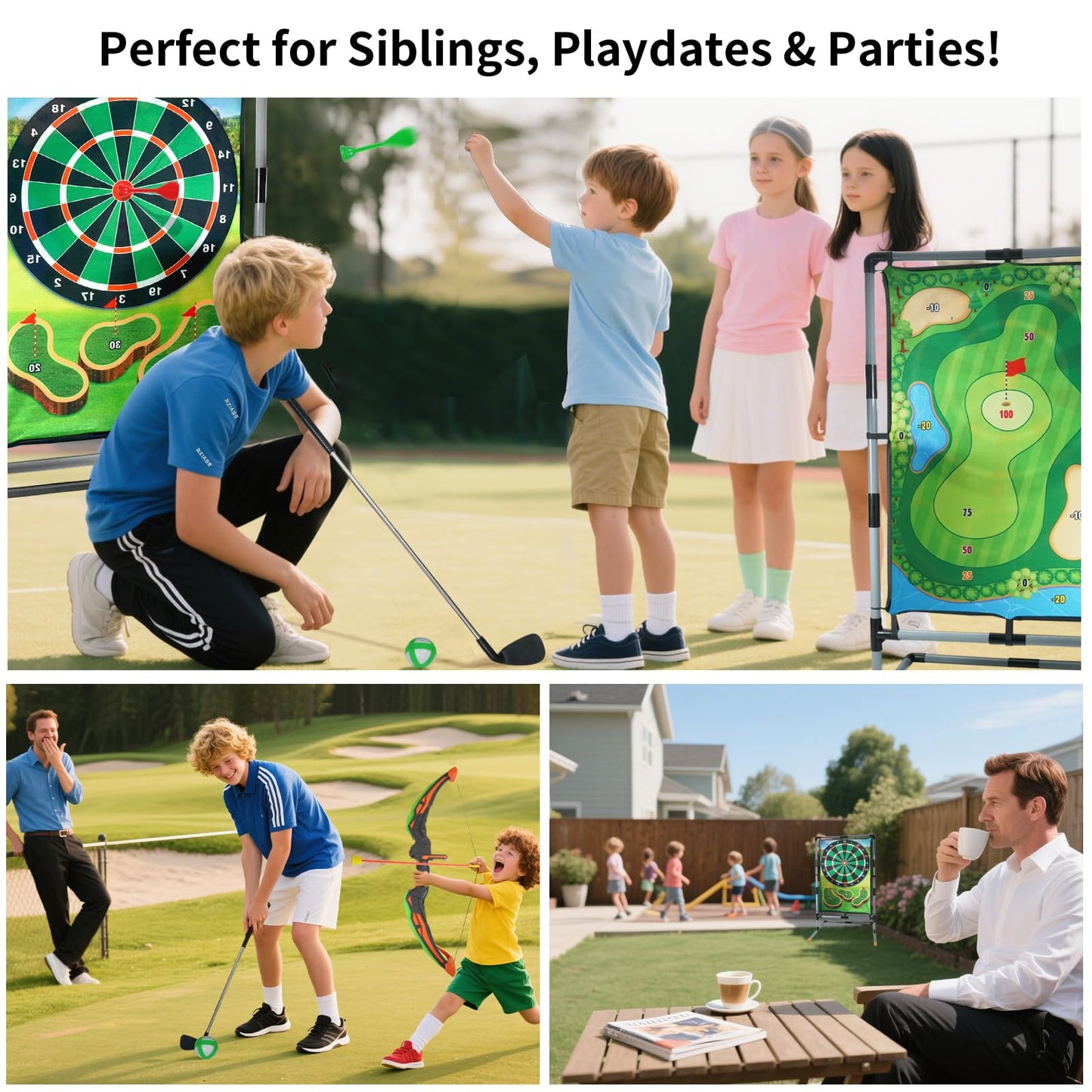 grnpeak Golf Chipping Game with Stand, Multi-Sport Golf Practice Set with Archery,Hatchet,Darts,Double-Sided Hitting Mat for Backyard Fun, Indoor/Outdoor Sports Toy for Kids & Adults