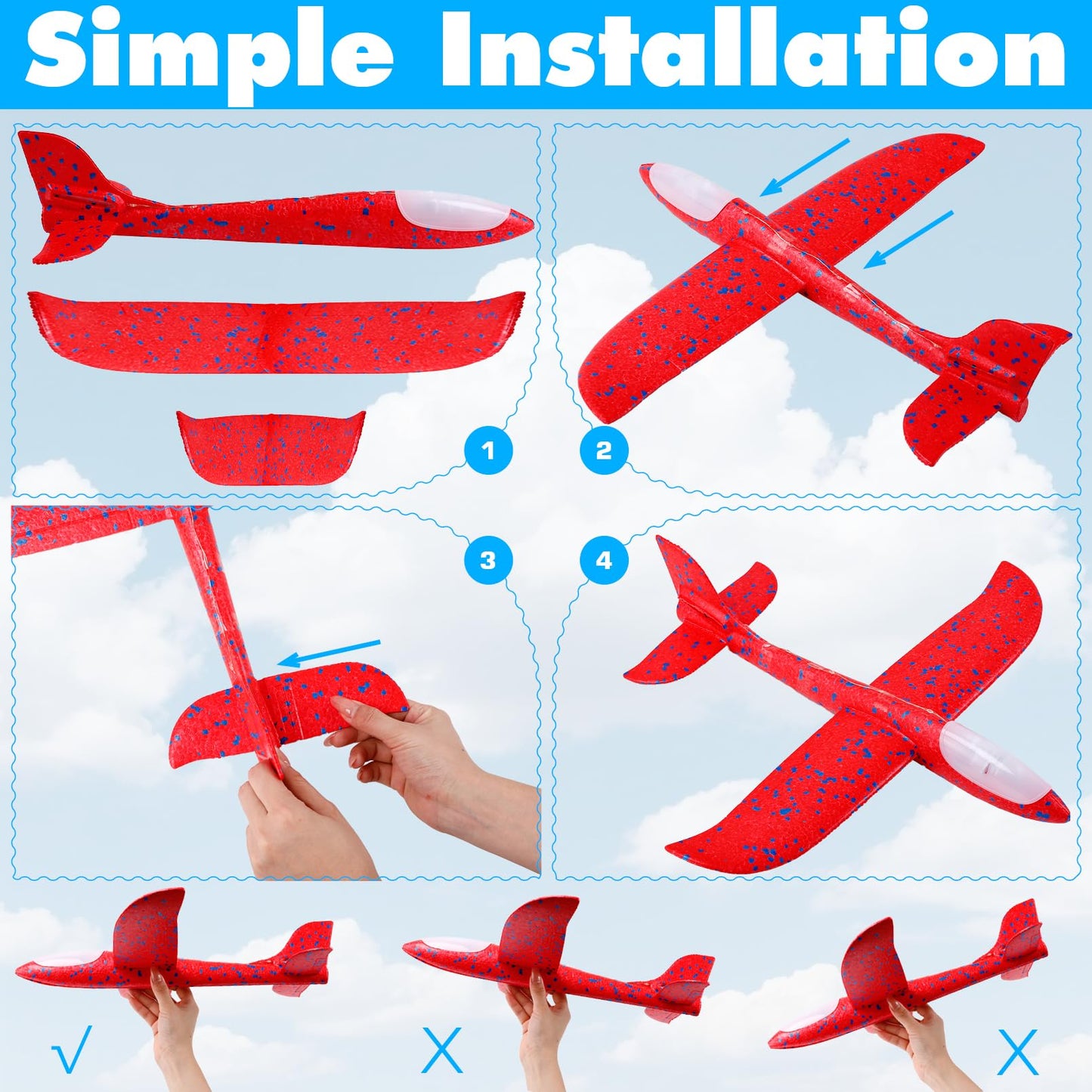 IJRPLM 4 Pack LED Airplane Toys, 17.3" Large Throwing Foam Plane, 2 Flight Mode Glider Plane, Outdoor Flying Toy for Kids, Flashing Glider Plane Foam Airplane Toy For 3 4 5 6 7 8 9 Year Old Boys Girls