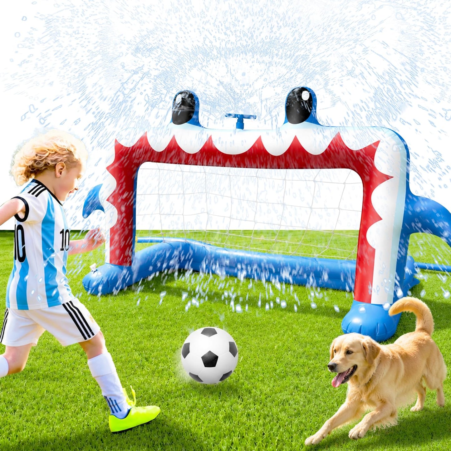 Intoypad Water Sprinkler Football Toys, Inflatable Shark Soccer Goal with Football for Pool Backyard Outdoor Play, Summer Water Games Outside Yard Pool Toys for Boys Girls Kids Ages 3-8