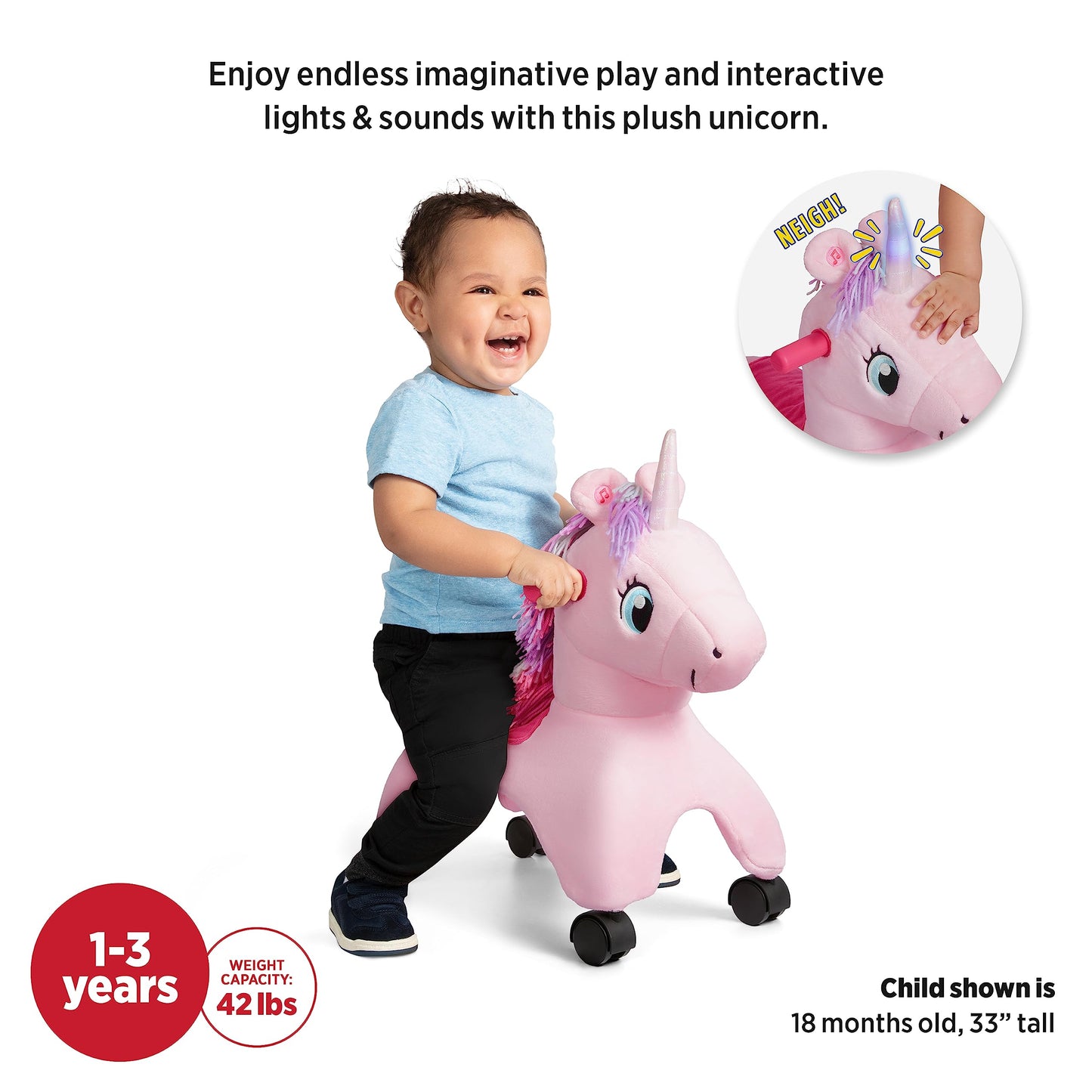 Radio Flyer Shimmer the Magic Unicorn Ride On, Ages 1-3, Interactive Lights & Sounds, Horn Lights Up While Riding, EZ-Glide 360-degree Wheels, Easy Grip Handles, Soft Plush Face, Toddler Ride On Toys