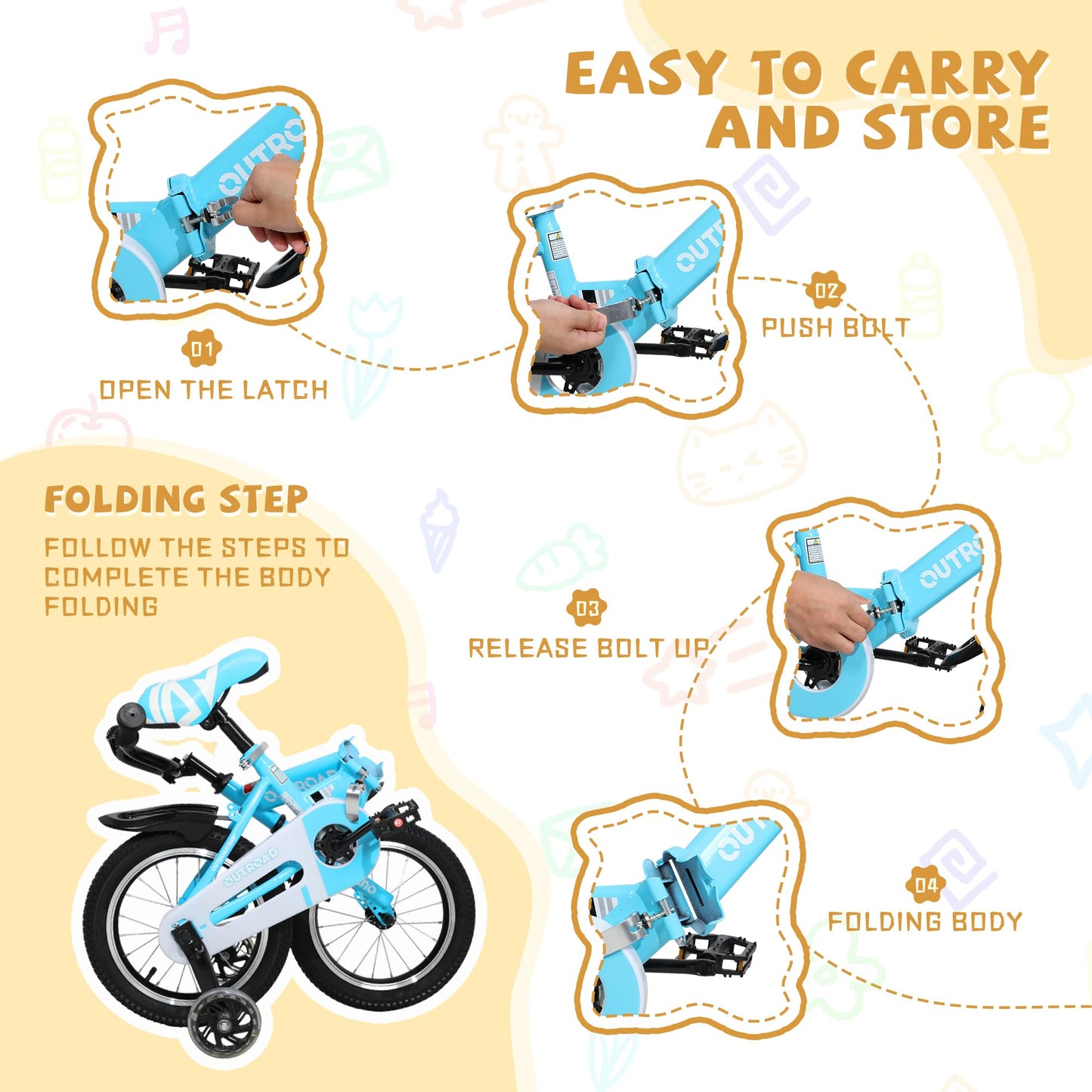 Max4out Folding Kids Bike for 3-9 Years Old Boys and Girls 14/16/18 Inch Foldable Kids' Toddler Bicycles with Flash Lighting Training Wheels and Dual Handbrakes, Baby Bike-14 Blue