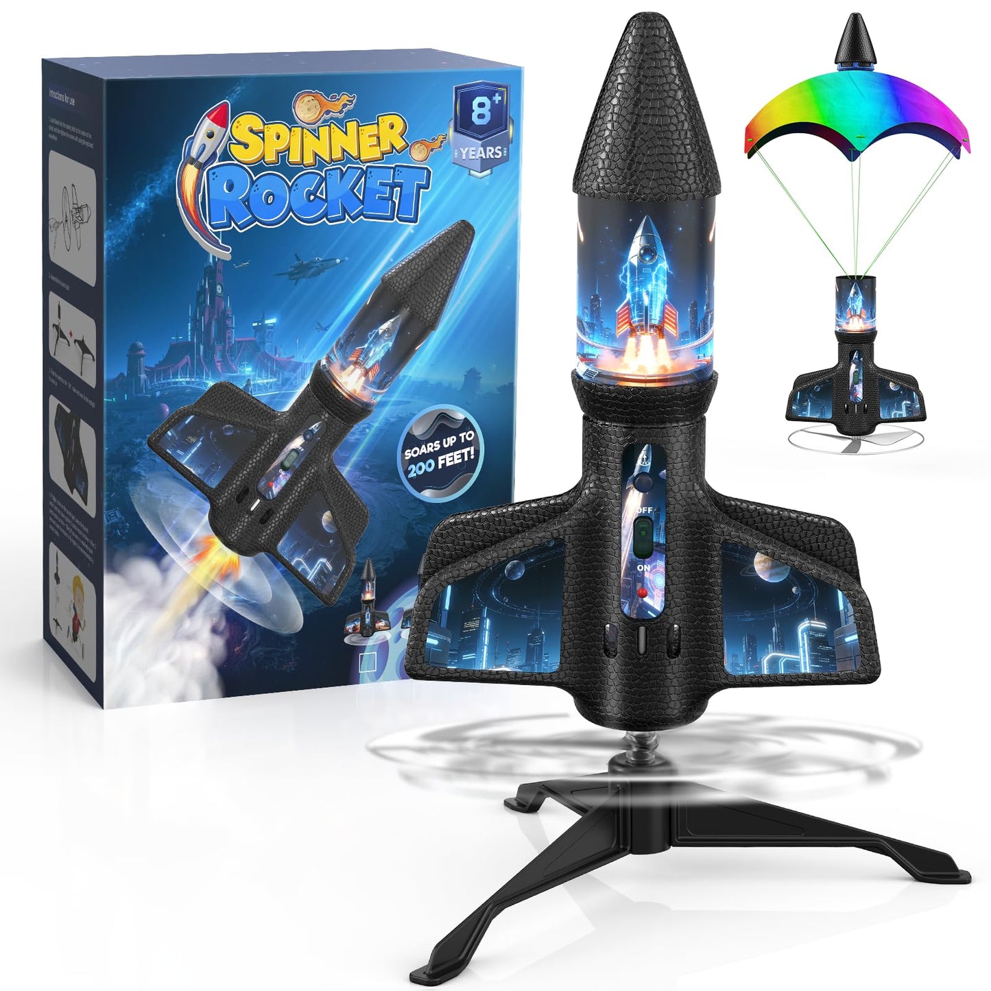 ZeroPhear Rocket Launcher for Kids, 200 ft Self Launching Motorized Rocket Toy with LED and Safety Parachute Land, 2-Altitude Launch, USB Rechargeable, Outdoor Toys Gift for Boys Ages 8-13 (Bule)