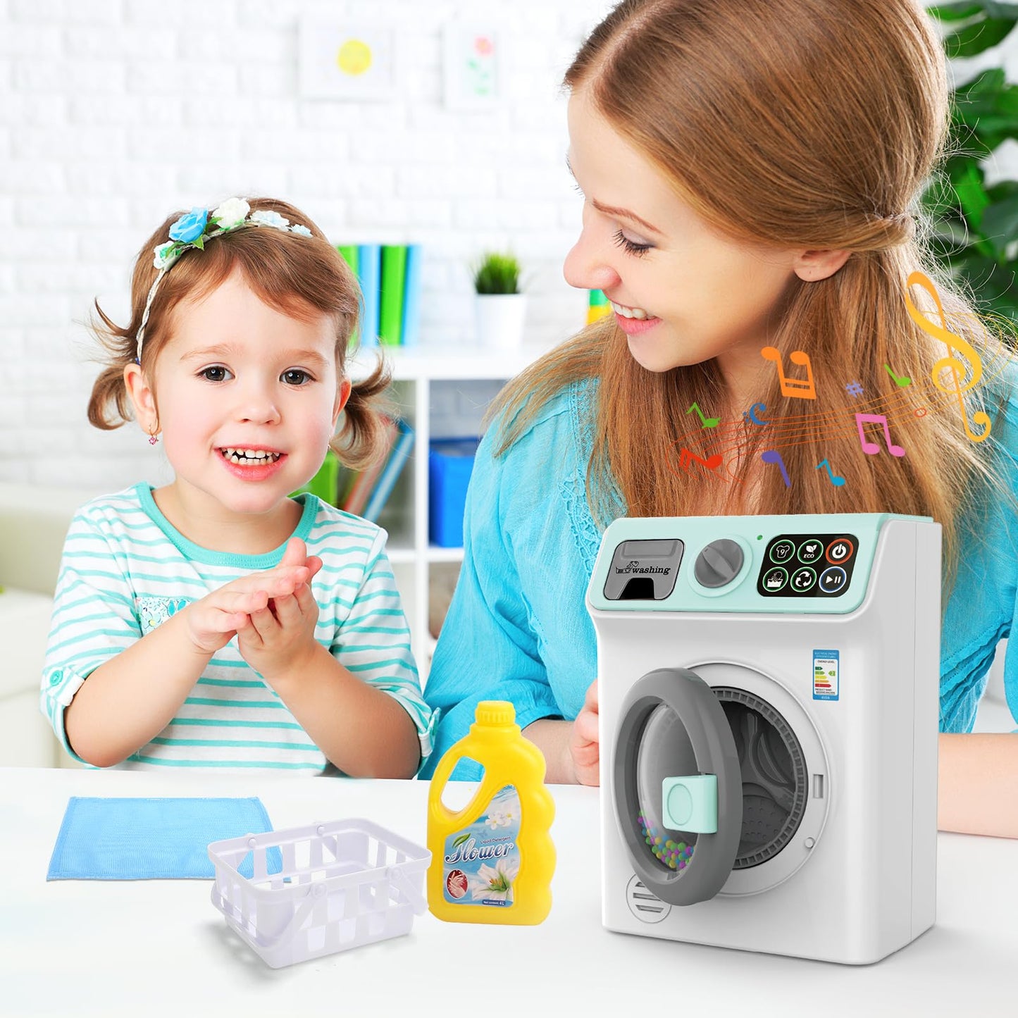 deAO Toy Washing Machine Kids Dollhouse Furniture Toy Washer Pretend Play Household Appliance Realistic Sounds Laundry Play Set with Rotatable Roller for Boys Girls (Blue)