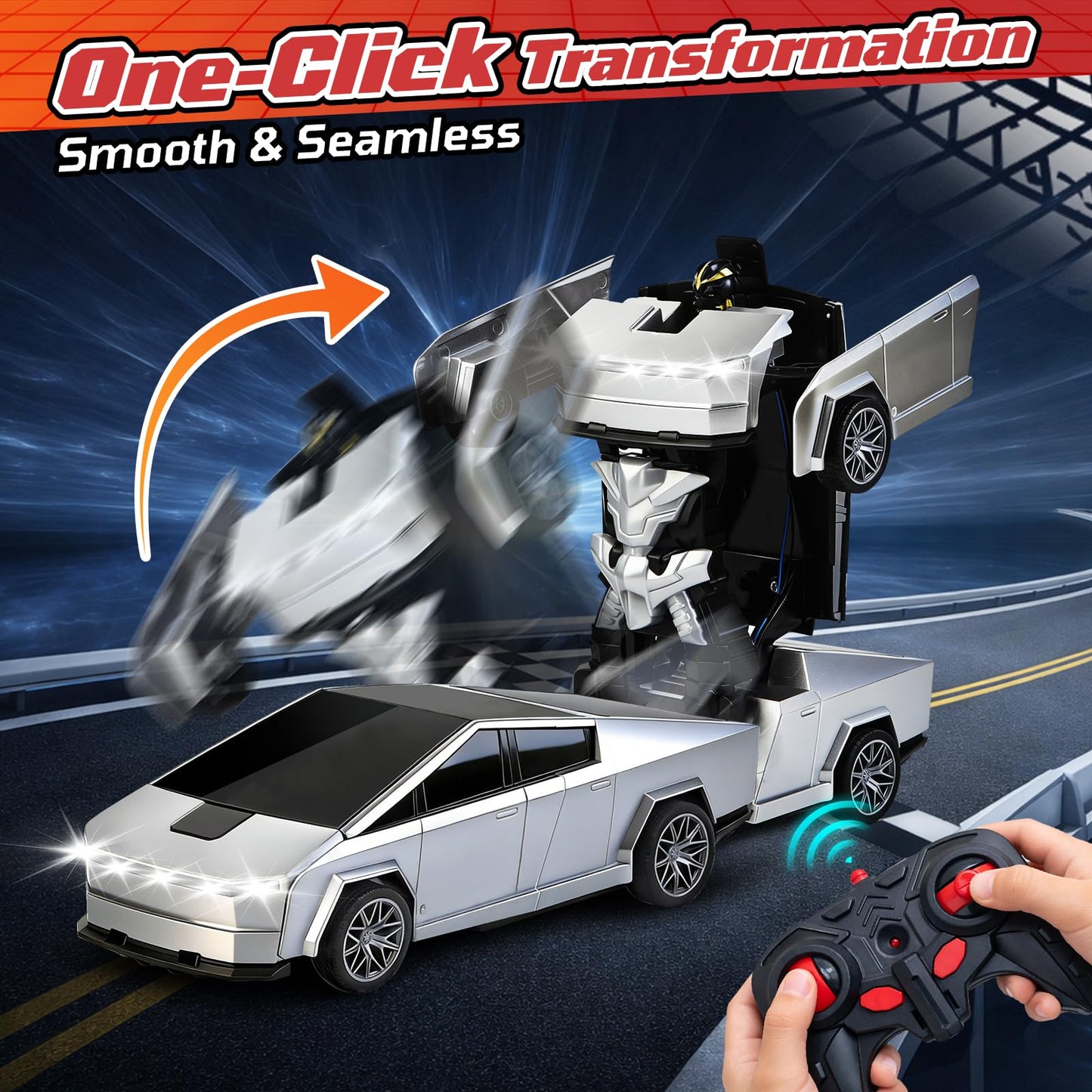 Transform RC Cybertruck Toy Car, 2.4GHz 2 in 1 Transform Toys for Boys 4-6 6-8, Remote Control Car for Kids, 360° Rotating RC Cars for Boys Age 8-12, Cyber Truck Transform with Lights and 2 Batteries