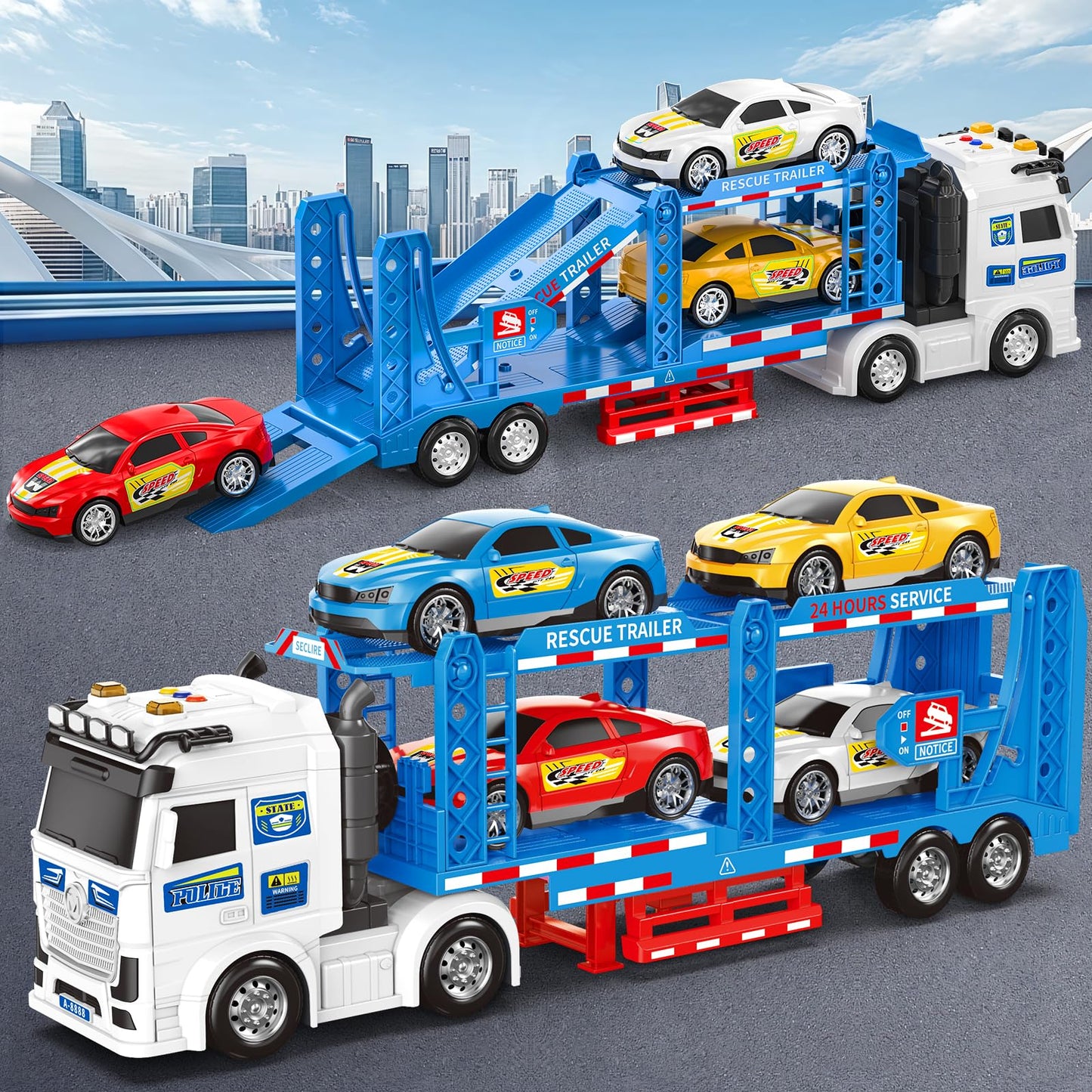 Toddler Boy Toys for 3 4 5 6 7 Years Kids, 21" Double Layer Race Truck Toy with 4 Racing Cars, Friction Powered Vehical Toys with Lights and Sounds, Birthday for Boy Girls-Blue