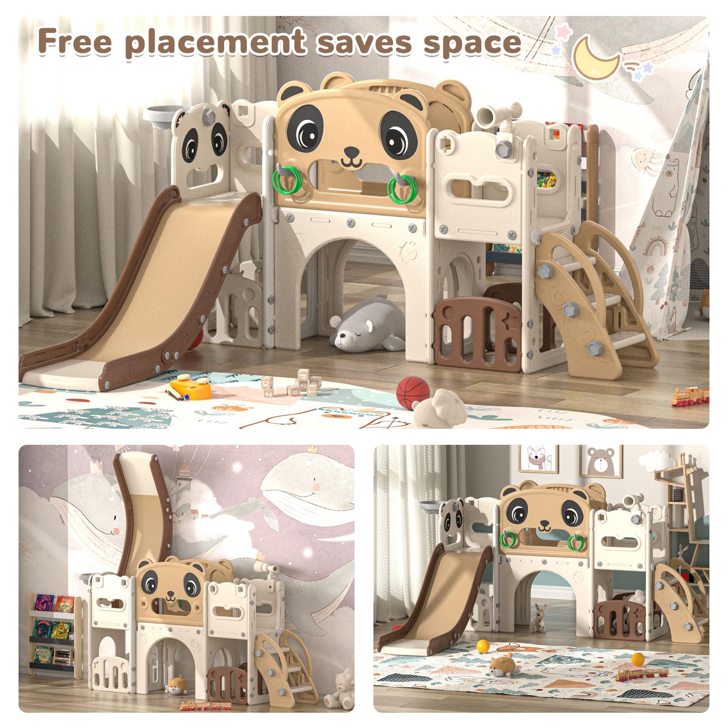 NYEEKOY 9 in 1 Toddler Slide and Climber Playset Indoor Outdoor Kids Slide with Basketball Hoop,Telescope and Storage Space, Freestanding Backyard Playground for Children Age 1-6