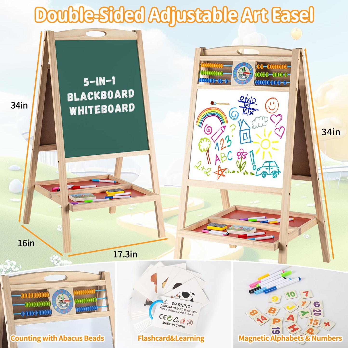 Kids Wooden Easel with Abacus, Double Sided Magnetic Drawing Board Dry Erase Whiteboard & Chalkboard， Foldable Easel for Toddlers 2-4 Years Painting Easel Kids 3-6