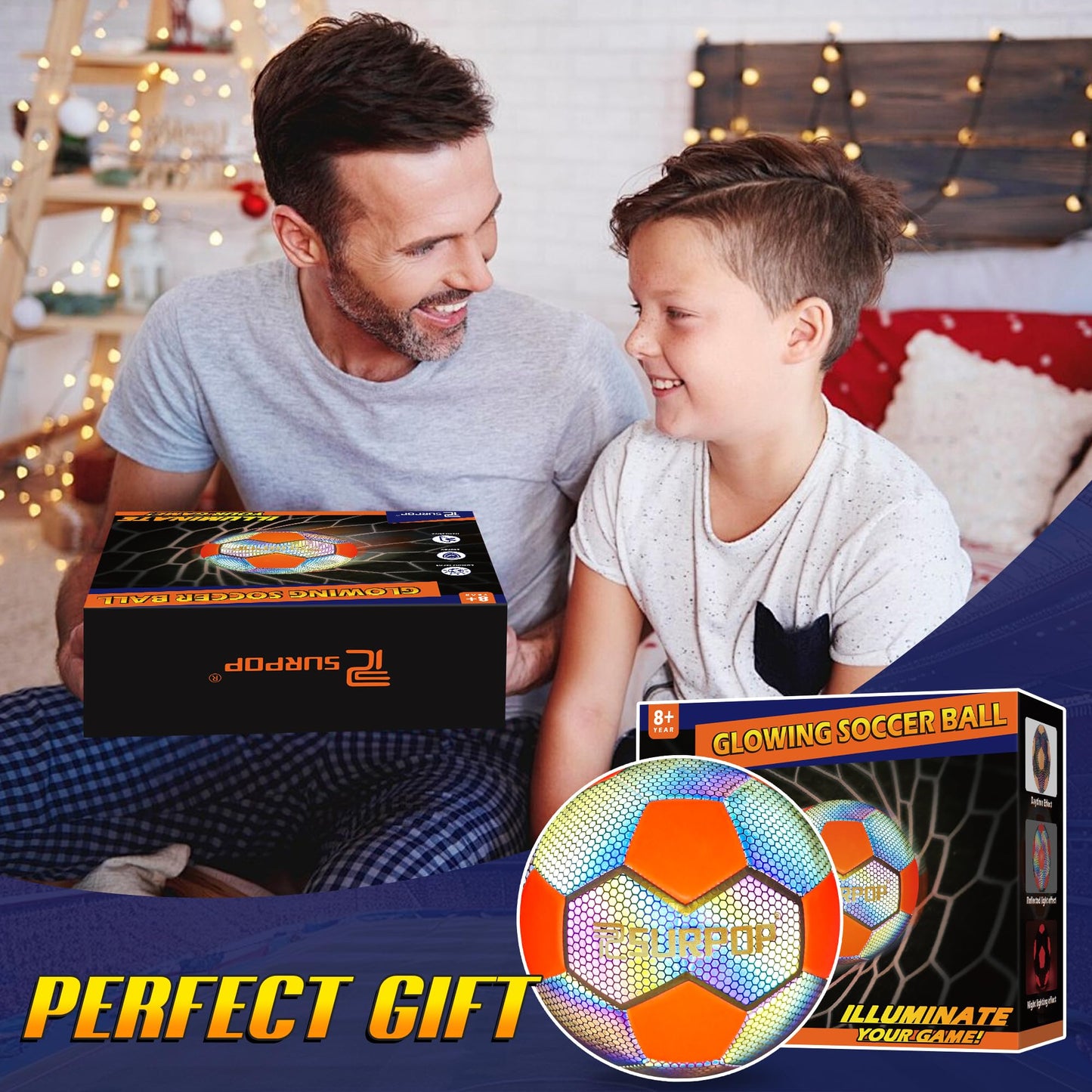 Surpop Glow in The Dark Soccer Ball with LED Lights - Light Up Soccer Ball for Night Games, Size 5 Gift for Kids & Adults, Includes Pump