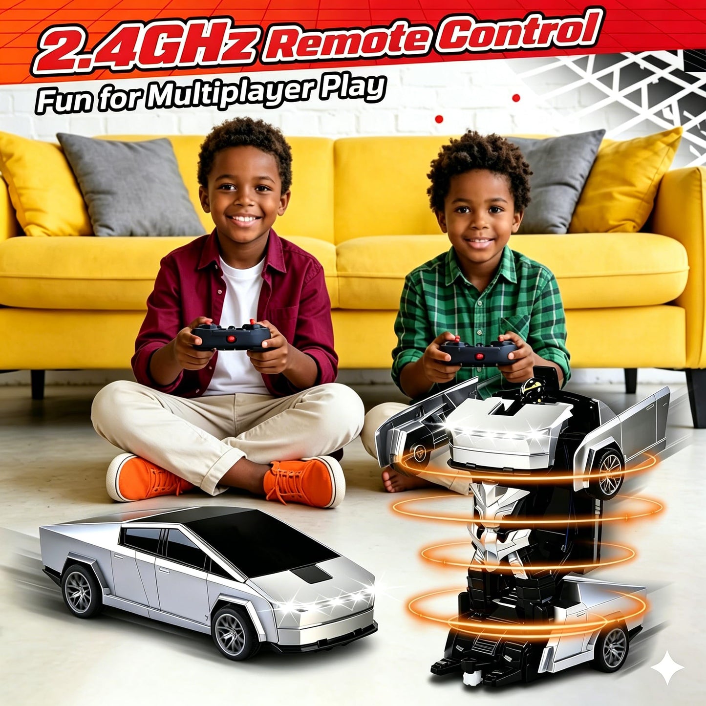 Transform RC Cybertruck Toy Car, 2.4GHz 2 in 1 Transform Toys for Boys 4-6 6-8, Remote Control Car for Kids, 360° Rotating RC Cars for Boys Age 8-12, Cyber Truck Transform with Lights and 2 Batteries