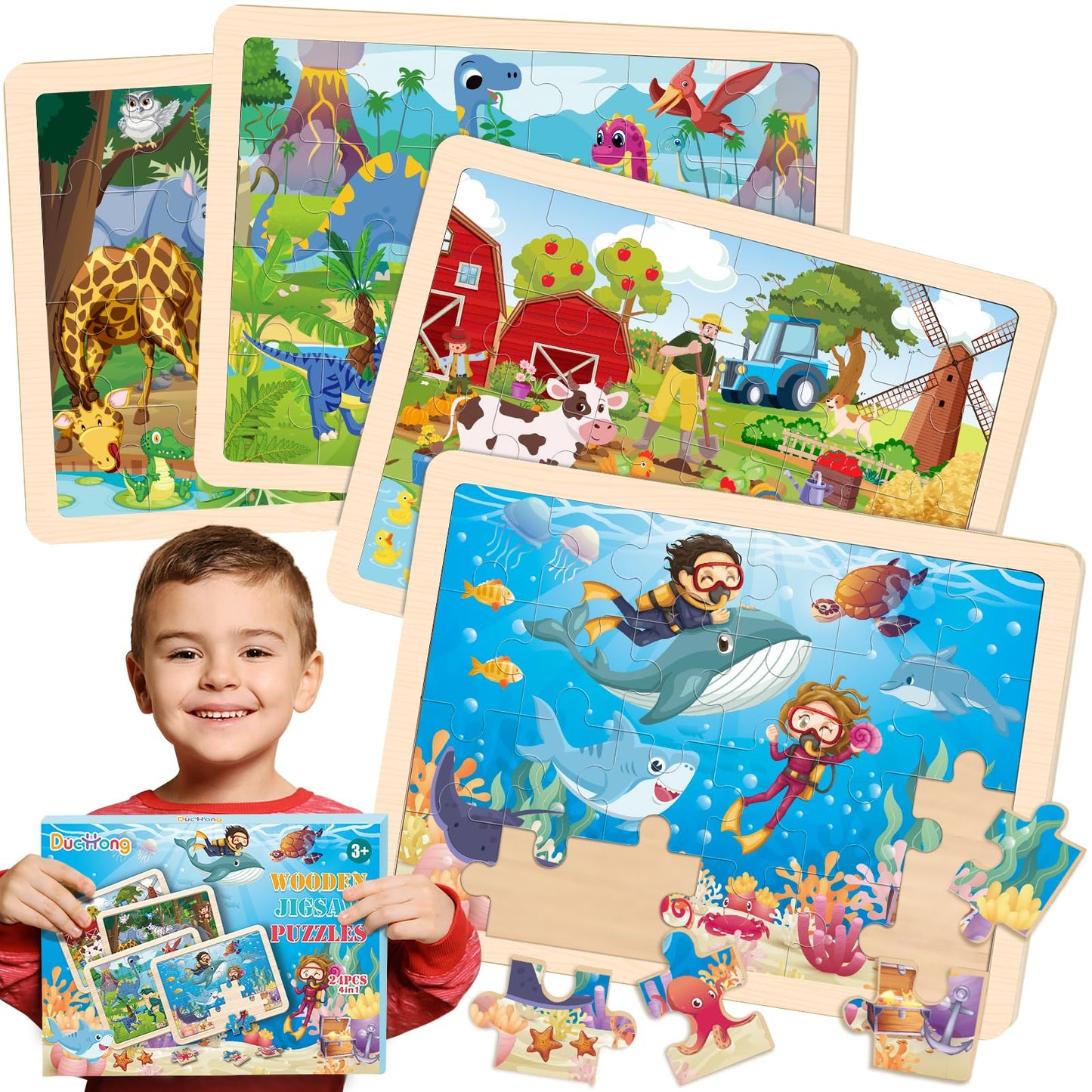 Puzzles for Kids Ages 4-6, 4 Packs Wooden Animals Jigsaw Puzzles for Toddlers Ages 3-5, Preschool Educational Puzzles Boards Toys Gifts for 3 4 5 6 Boys Girls