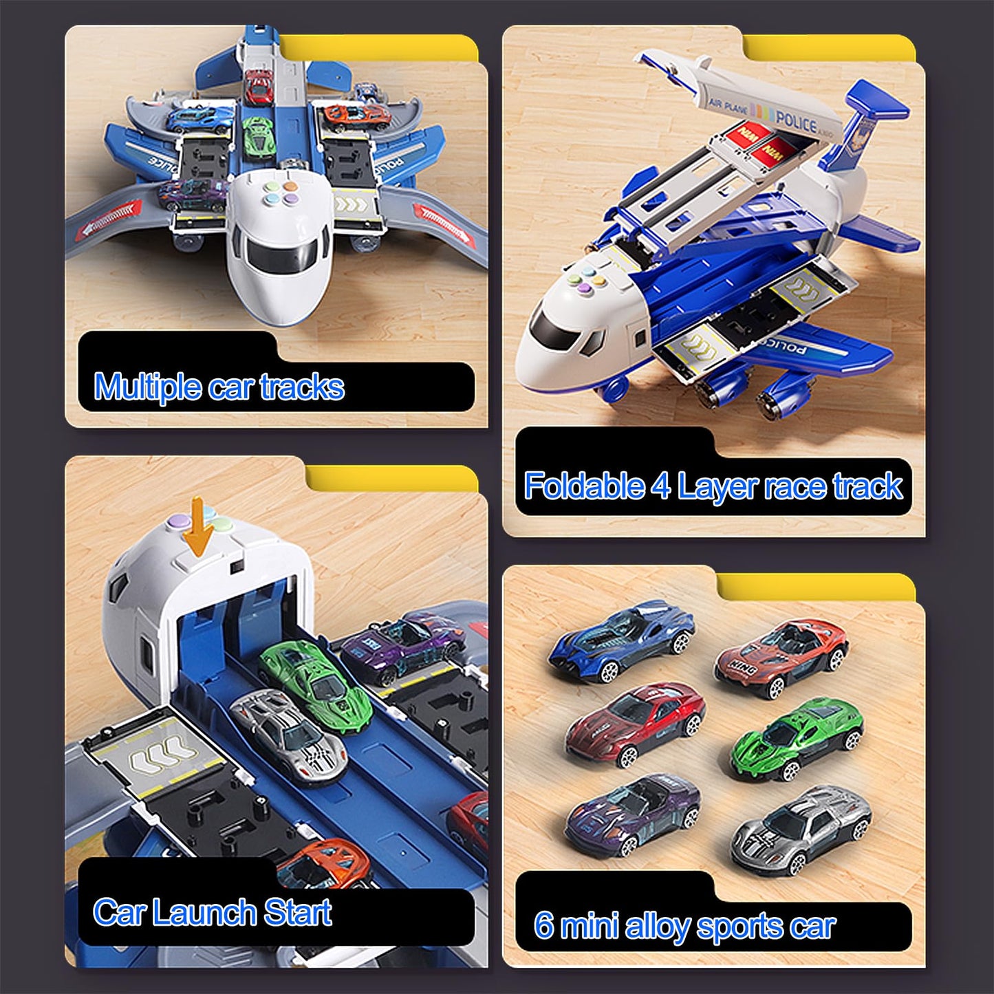 Airplane Toy Race Track Kids Toys, Foldable 4 Layer Toddler Car Track Playset, Toy Plane Transport Car Carrier & 6 Race Cars, Toddlers Toys Birthday Xmas Gifts for Age 3 4 5 6+ Years Old Boys Girls