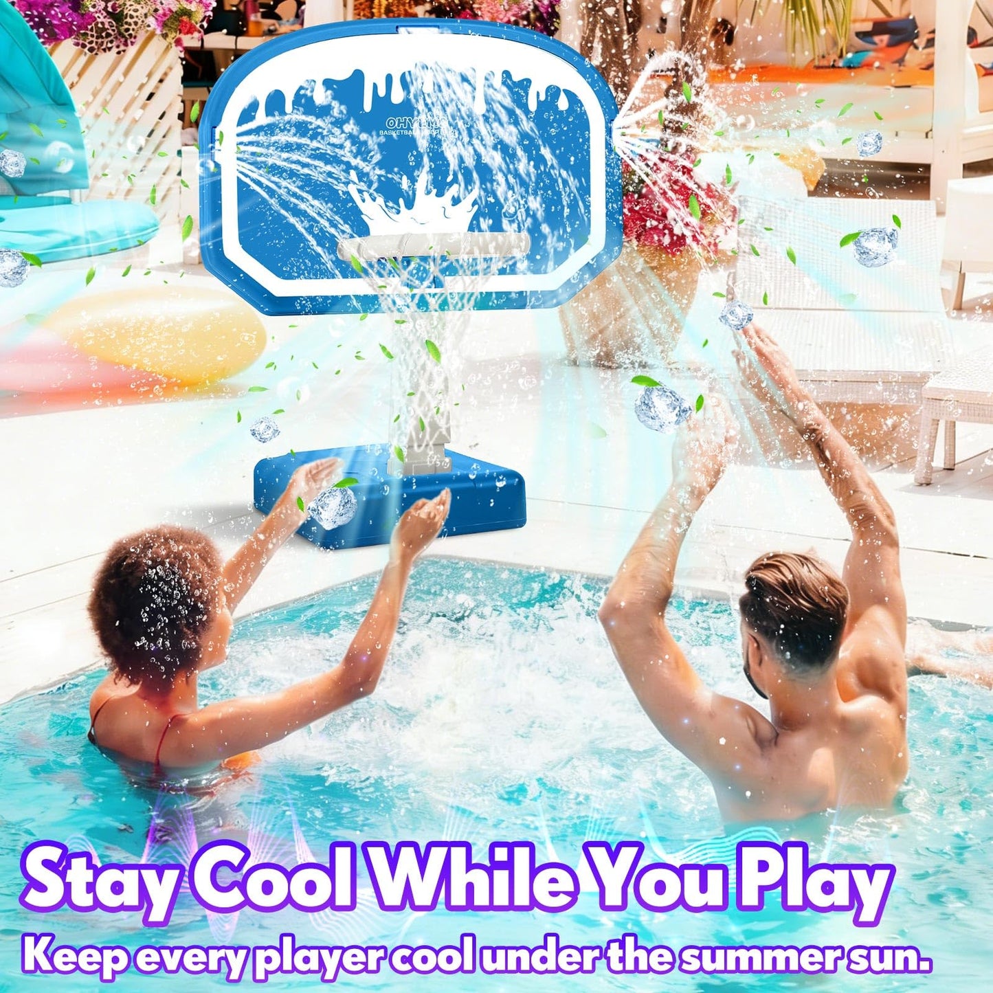 OHYEMO LED Pool Basketball Hoop with 3-Way Sprinkler, Oversized Pool Basketball Game Set with 14in LED Rim/2 Glow Balls/Water-Filled Base/Pump, Light Up Pool Games Toys for Teens Adults, Inground Pool