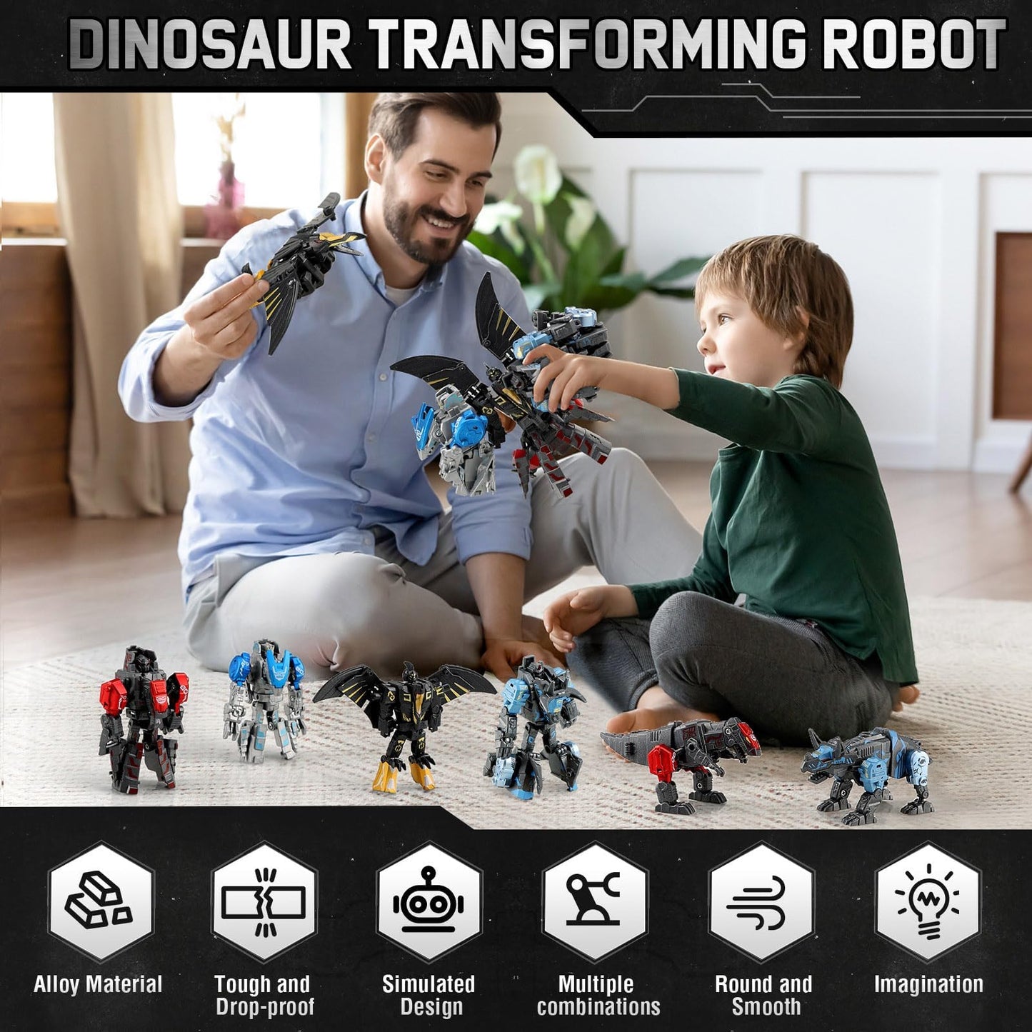 JONEG Transforming Robot Dinosaur - 4-in-1 STEM Toy, 11 Shapes Transforming Toys for Kids, Ages 5-10, Black