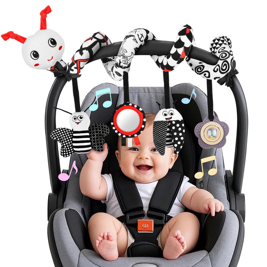 Zendstanding Car Seat Toys for Babies, 0-6 Months Stroller Activity Black White Baby Spiral Plush Toys Newborn High Contrast Sensory Carseat Toys with 4 Pendants Hanging Boys Girls Gift