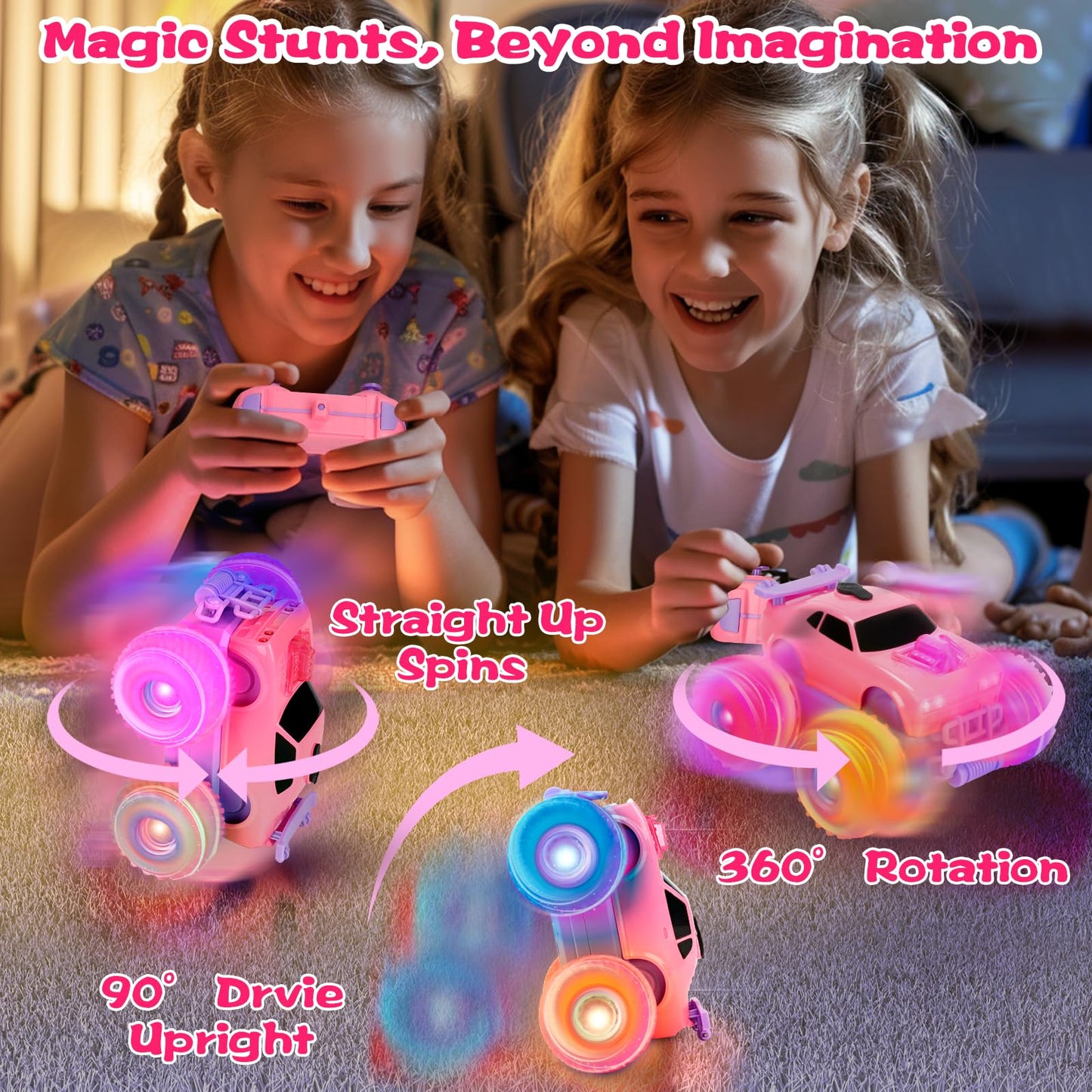 Drefirsa Princess Remote Control Car for Girl, Pink Monster Truck with DIY Sticker, Headlight, Colorful Wheel Light, Rotation, Spin and Spray, Toy Car for Girl 3 4 5 6 7 8 Year Old Birthday Gift