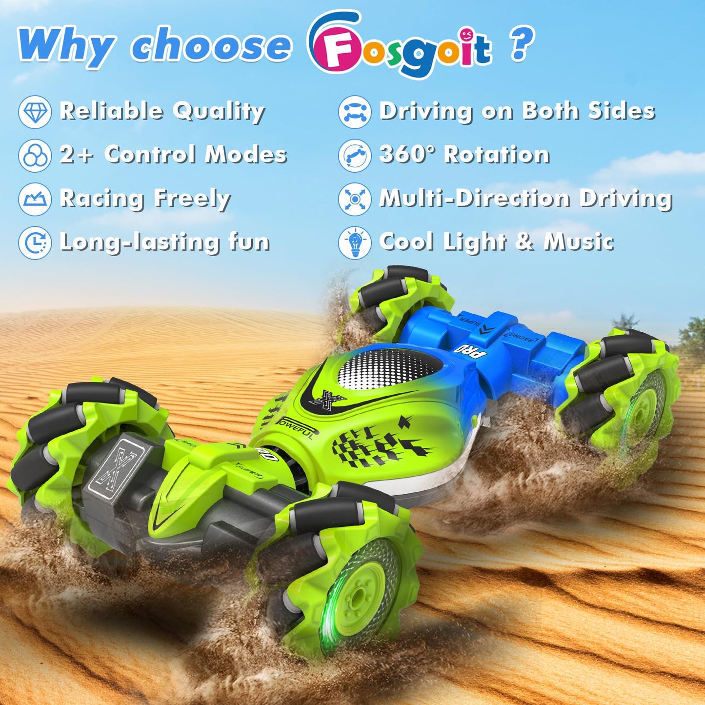Fosgoit Gesture RC Car, 2.4GHz 4WD Gesture Sensing RC Stunt Car Toys for 6-12 Years Old Boys Girls, Hand Controlled Remote Drift Twist Offroad 360° Rotation with Lights Music for Birthday Gifts