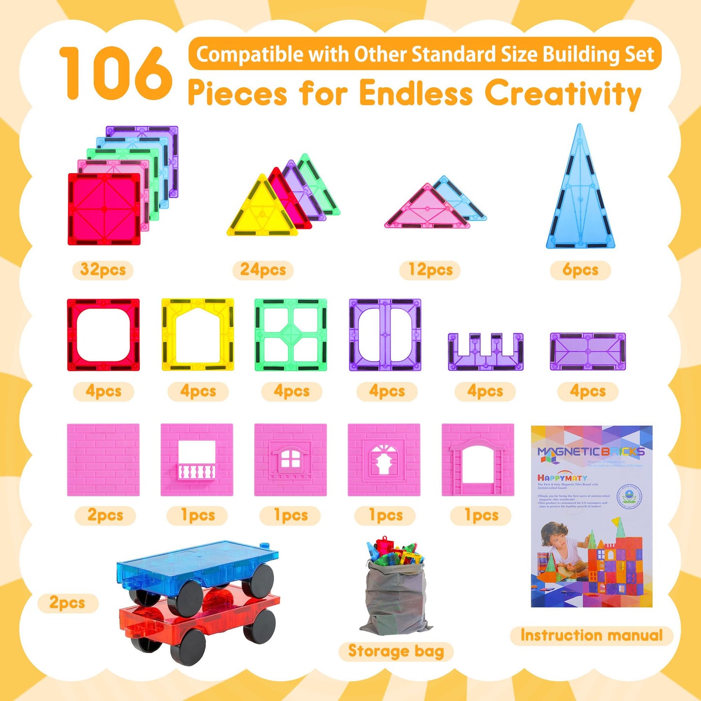 HAPPYMATY Upgraded Antibacterial Magnetic Tiles - 106 PCS Magnet Building Tiles with 2 Cars for Kids, Inhibits Bacterial Growth for Safe Play, 3D STEM Educational Construction Blocks & Xmas Gift