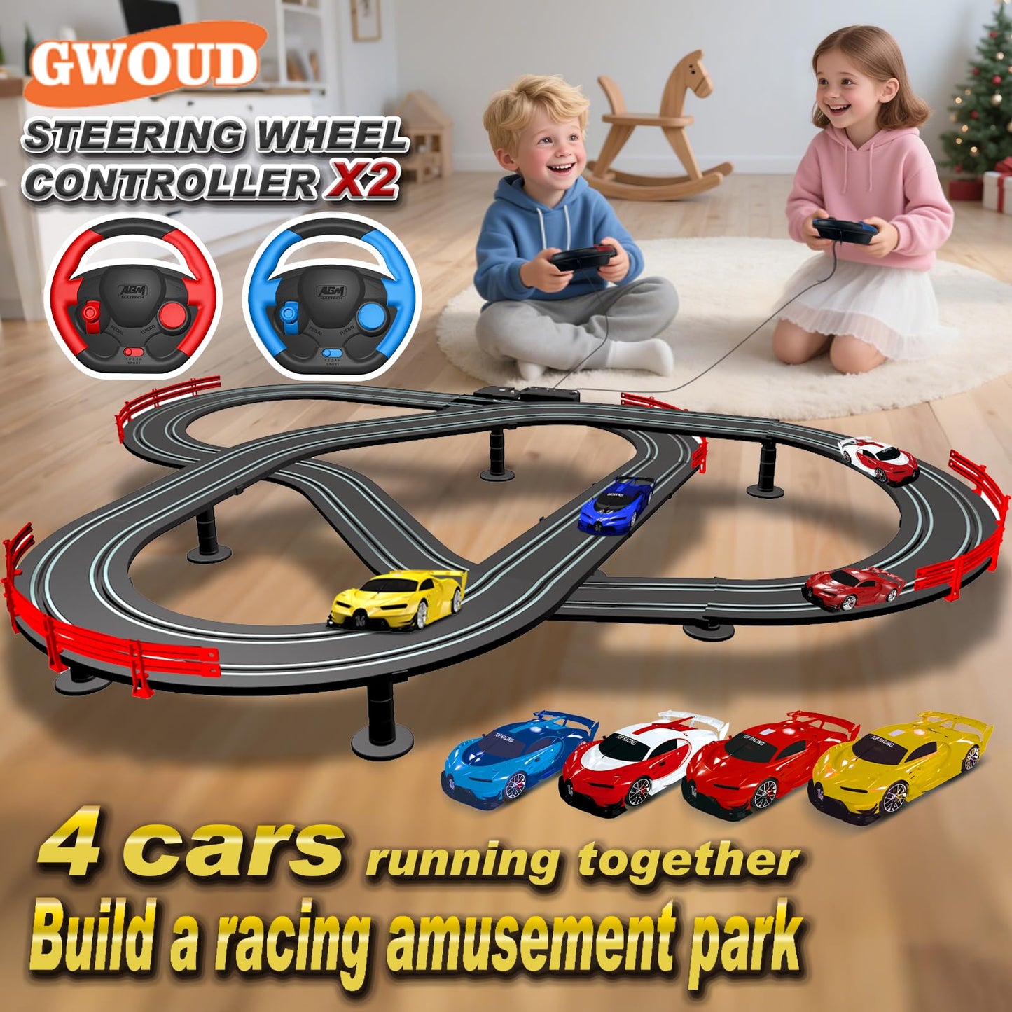 Slot Car Race Track Set with 4 Light-Up Cars, 2 Speed Adjustable Steering Wheel Controllers, 16.7ft Track with Overpass, Lap Counter, Dual Power Mode, Gift for Boys Girls Age 8+