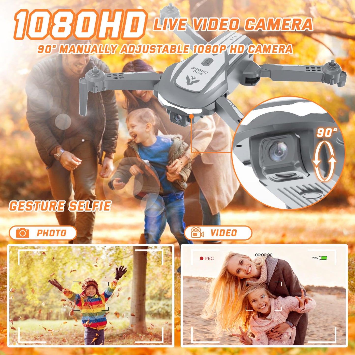 Drone with Camera for Kids Adults, Mini Foldable FPV Drones Remote Control Helicopter, RC Quadcopter with 1080P Live Video Camera, Gestures Selfie, One Key Start,2 Batteries, Toys/Gifts for Boys Girls