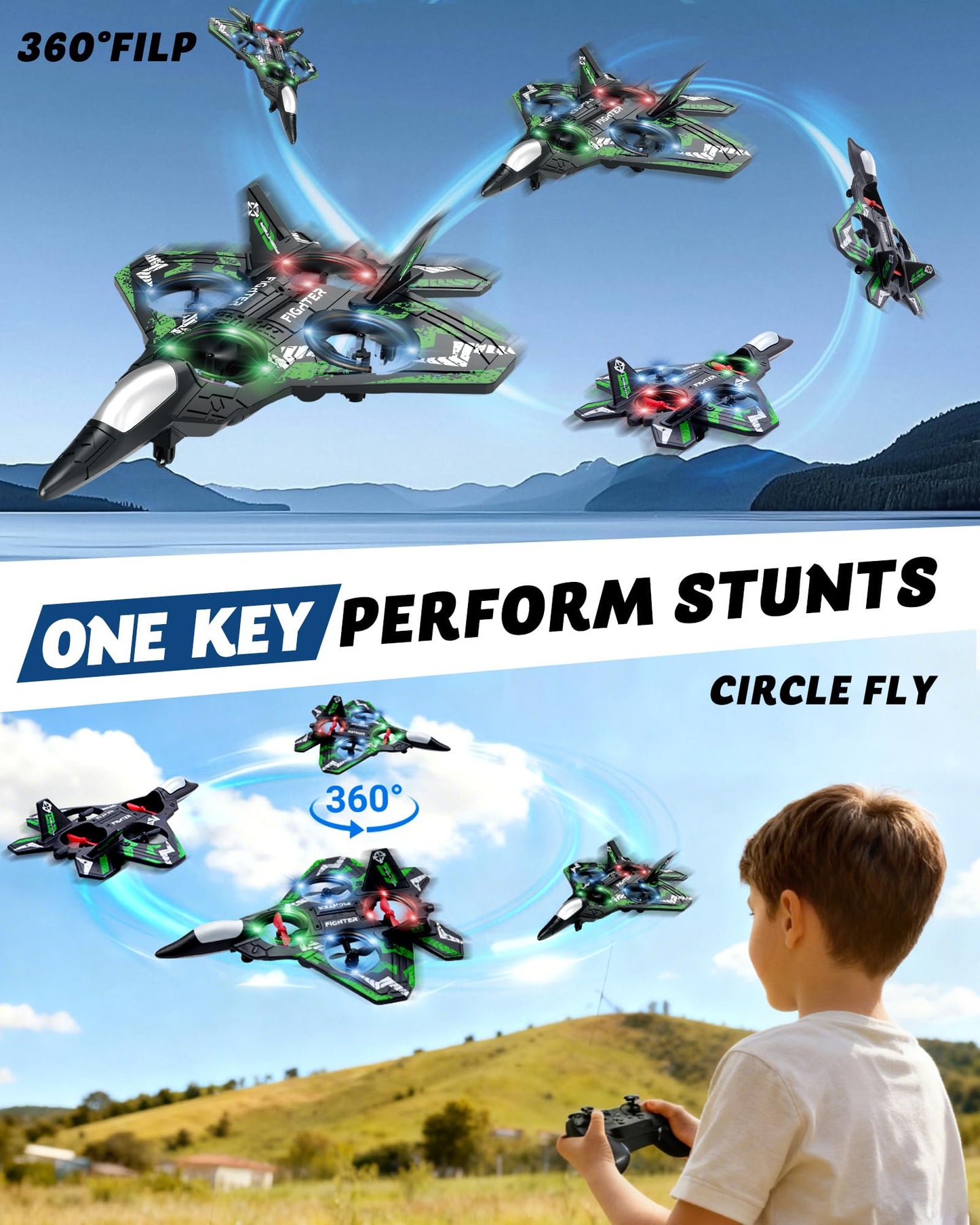 JoyRapt Form RC Plane Drones for Kids, Remote Control Airplane, Aircrafts for Boys and Girls, Jet Helicopter Drones with LED Lights 360° Flip, 2 Rechargeable Batteries (Green)