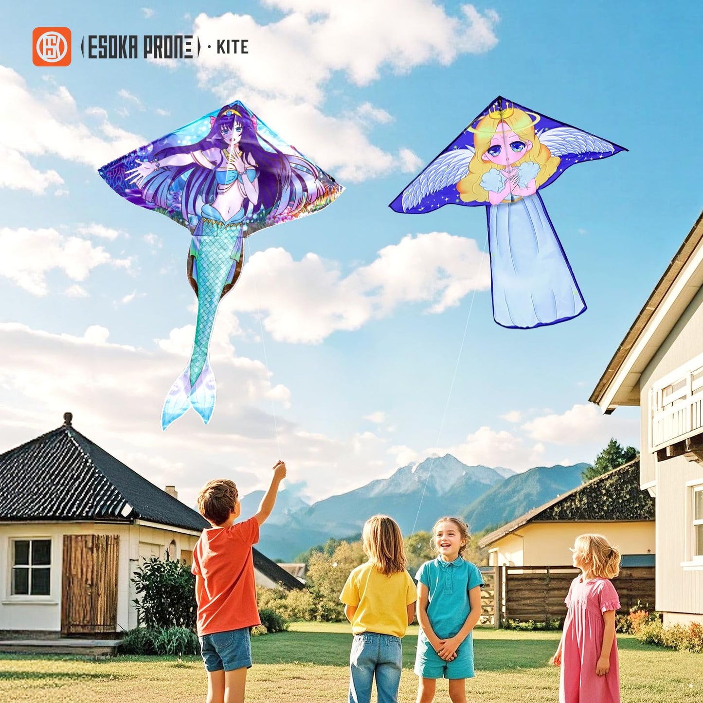 Kites for Adults & Kids Ages 4-8,Beach Kites Easy to Fly for Beginner, with Handle and 328ft Kite String，Best Toy and Gift for Boys & Girls. (Blue Haired Mermaid+Angel, 2)