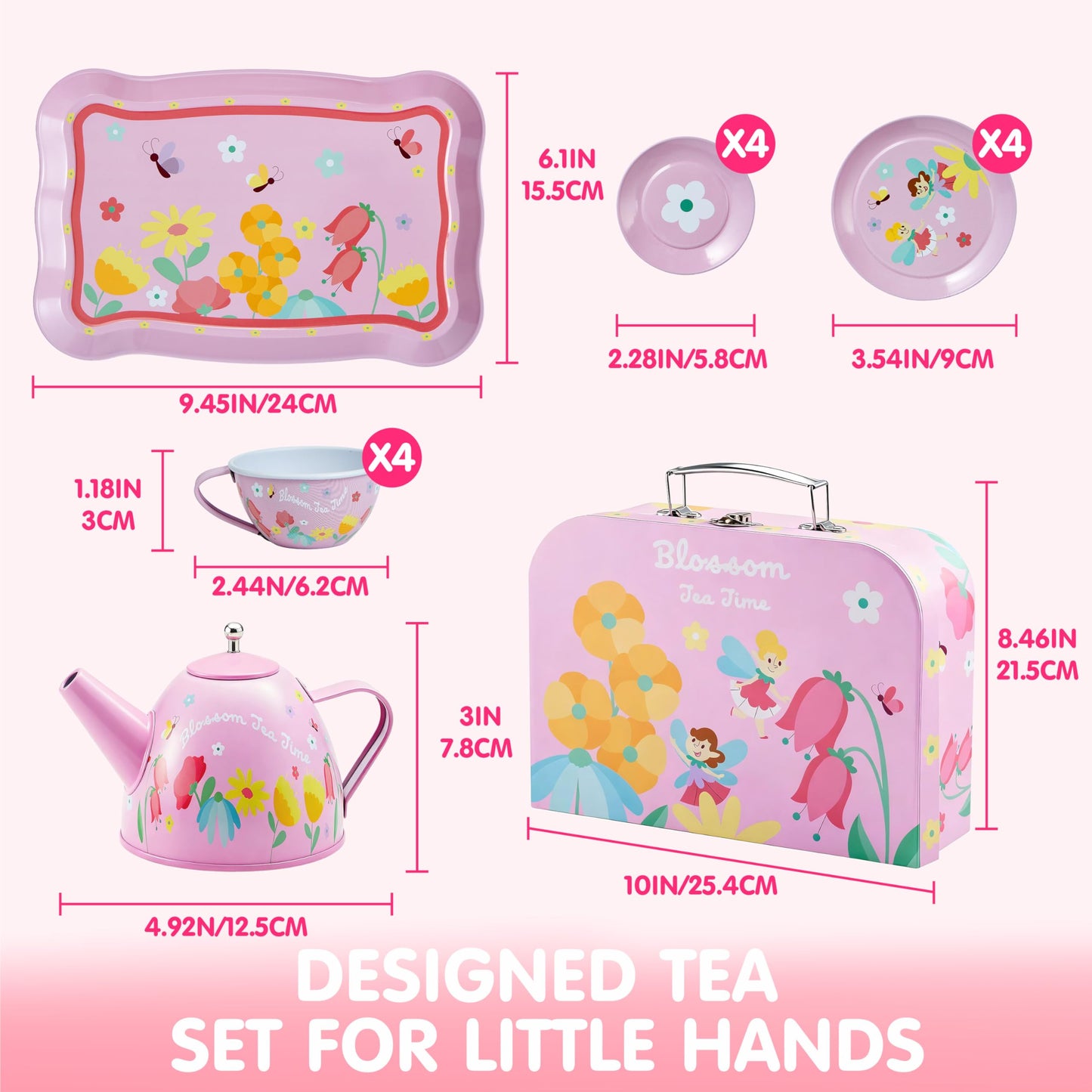 JOYIN Fairy Blossom Tea Party Set for Little Girls, Pretend Pink Tin Teapot Set, Princess Tea Time Play Kitchen Toy with Teapot, Cup, Plate, Carrying Case for Kids Toddlers Age 3 4 5 6