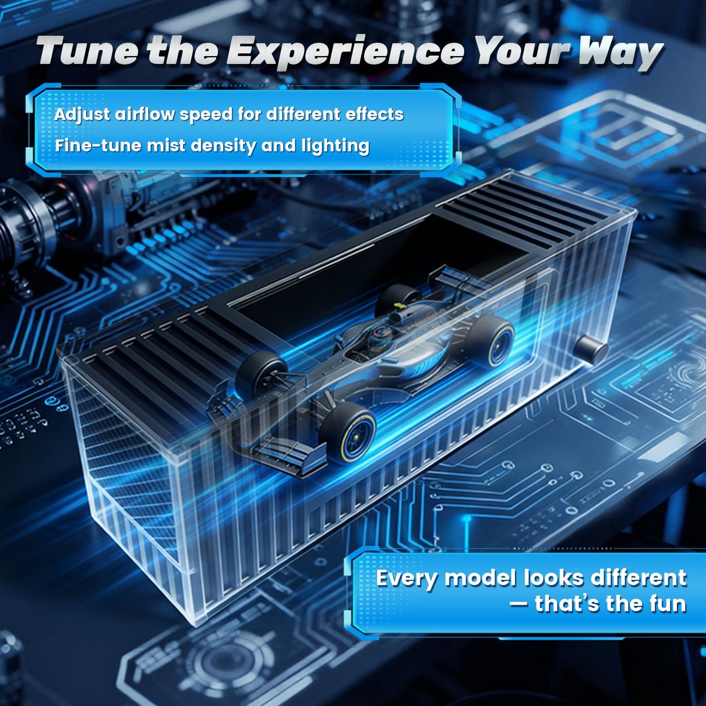 Desktop Wind Tunnel for 1:64 Diecast Cars, Mini Display Model with Water-Mist Airflow Simulation, Desk Scene for Hot Wheels & Toy Car Experiments (Black)