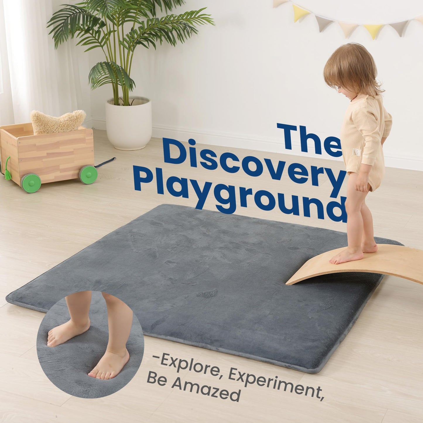 Huloo Sleep Baby Play Mat for Floor,1.3" Thick Elasti-Foam 50"×50" Playpen Mat for Tummy Time,Water Repellent Soft Coral Velvet for Toddler,Infant,Kids,Non-Slip Backing Safe for Crawling(Dark Grey)