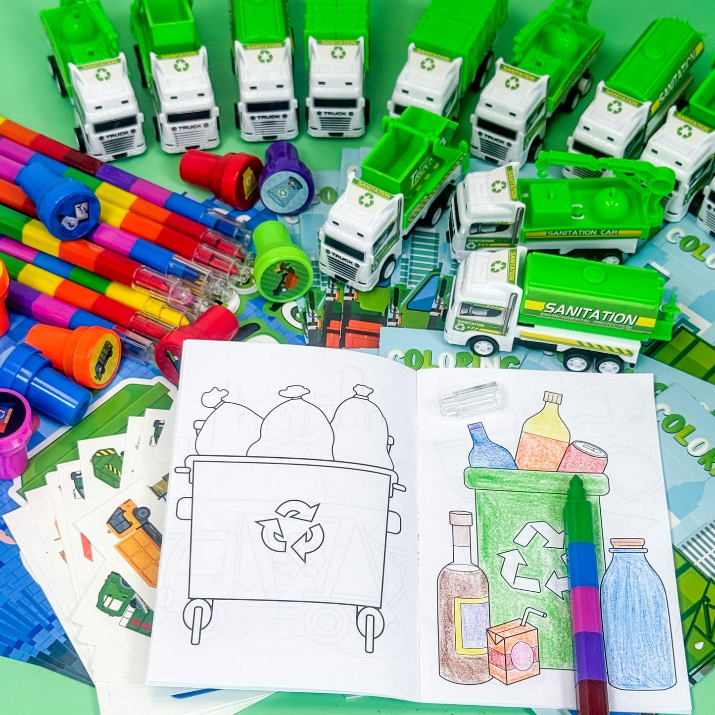 Cinrobiye 72 PCS Garbage Truck Coloring Books Party Favor Set Garbage Party Goodie Bag Fillers Truck Birthday Party Supplies DIY Scene Stickers Temporary Tattoos Prizes Art Crafts for Home School
