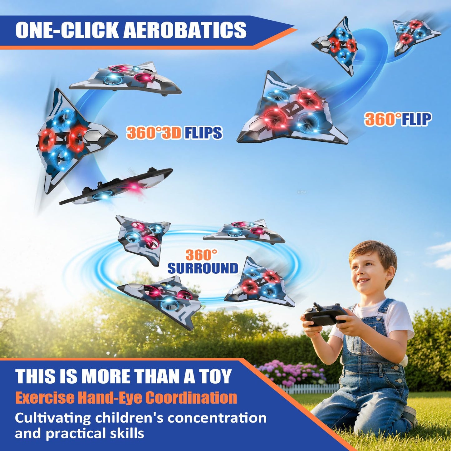 Foam Remote Control Airplanes for Kids & Adults | RC Fighter Jet with Light, 360° Flip Fighter Jet Toys, Stunt Roll, Airplane Toy Great for Beginners Christmas & Birthday Gift for Kids Boys Aged 3+