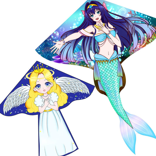 Kites for Adults & Kids Ages 4-8,Beach Kites Easy to Fly for Beginner, with Handle and 328ft Kite String，Best Toy and Gift for Boys & Girls. (Blue Haired Mermaid+Angel, 2)