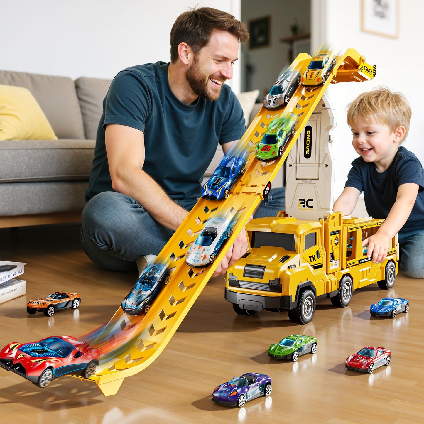 XINNOVEL Toddler Car Truck Toys for 3 4 5 6 7 8 Years Old Boys, Transporter Truck Toy Track Set with 12 Die-Cast Car Toys, Toy Gifts for 3 4 5 6 Year Old Boys Kids
