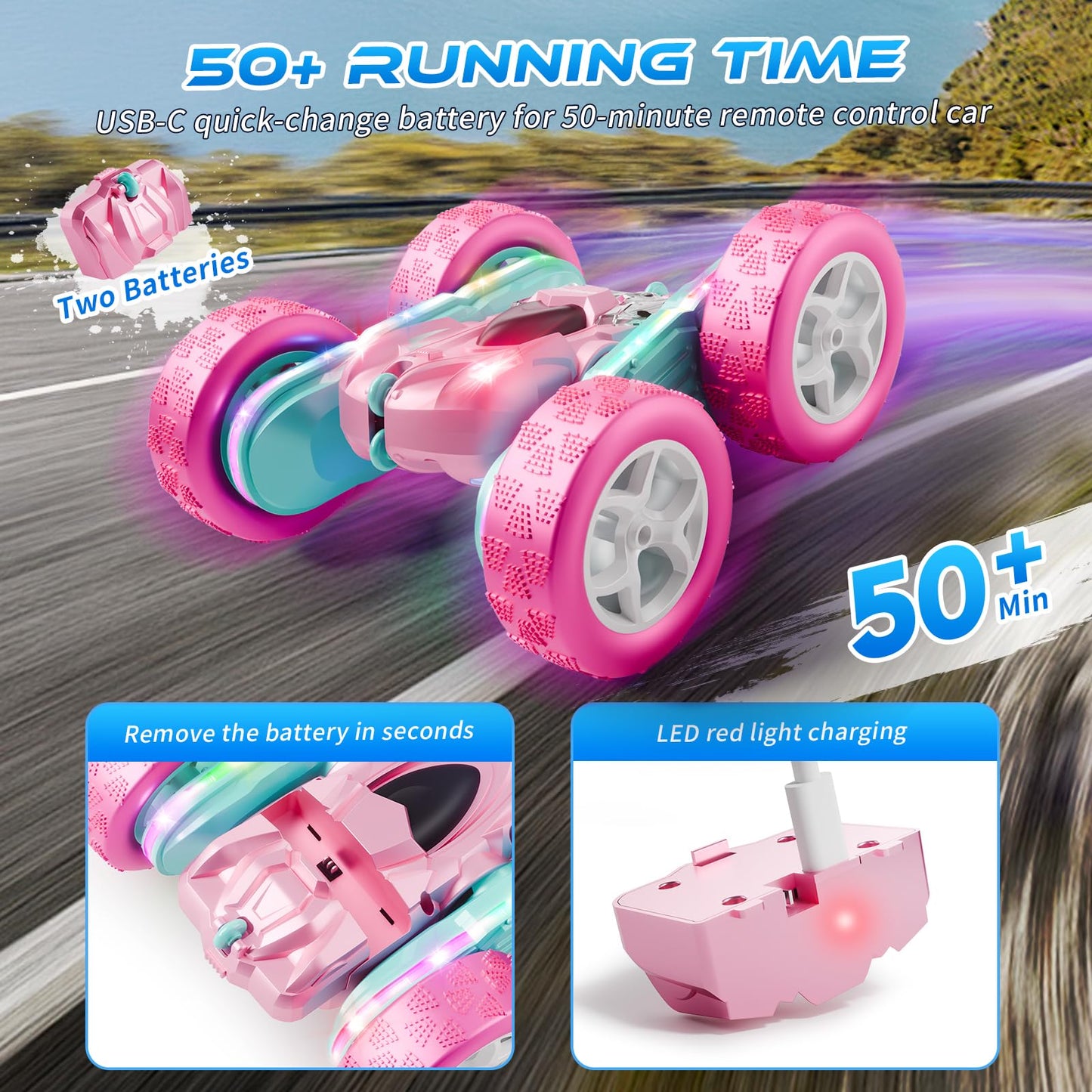 Zalneo RC Car Pink 4WD Remote Control Car 360° Flip Double‑Sided LED Light Bar & Quick‑Swap USB‑C Modular Battery, 2.4 GHz No‑Interference Popular Outdoor Beach Toy, Popular Gift for Girls Ages 6‑12