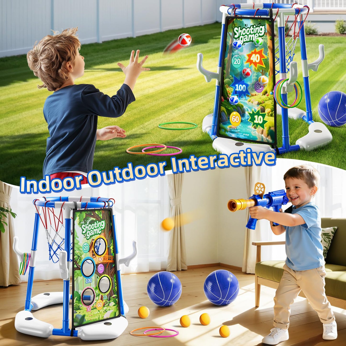 NIPLOOOW Pool Basketball Hoop, 4-in-1 Floating Pool Toys Ring Game with 4 Balls, Air Pump Launcher and Sticky Balls, Outdoor Swimming Pool Basketball Game Water Toy Family Party for Kids Age 3-12