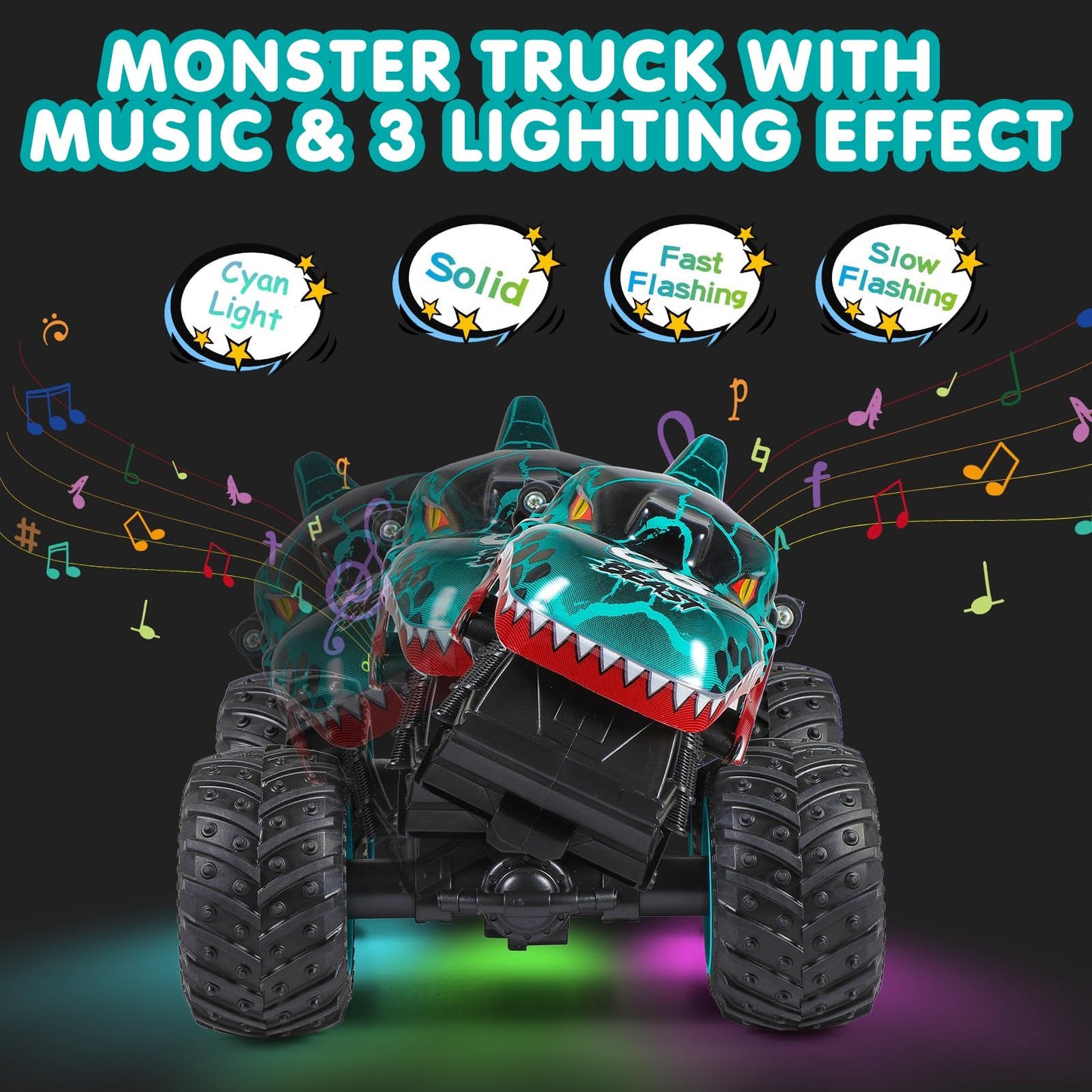 DYODYORC Remote Control Car, 2.4Ghz All Terrain Dinosaur Monster Truck Toys, RC Truck with Music, 3 Lighting Effects, 360 Stunt Capable, 2 Batteries Ready to Run, Toy Gifts for Boys and Girls (Cyan)
