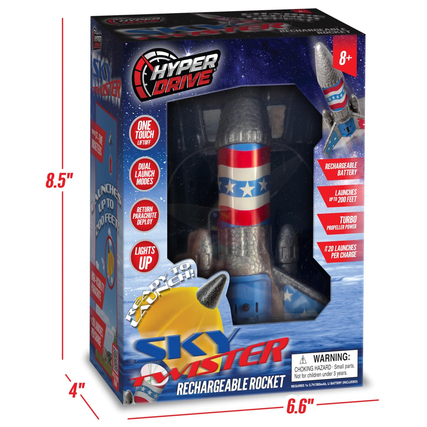Hyper Drive SkyTwister Rocket – Rechargeable Electric Launch Rocket With Parachute Deploy – Flies Up To 200 Feet – Safe Toy For Kids Ages 8+ – Fully Self-Contained Launch Kit