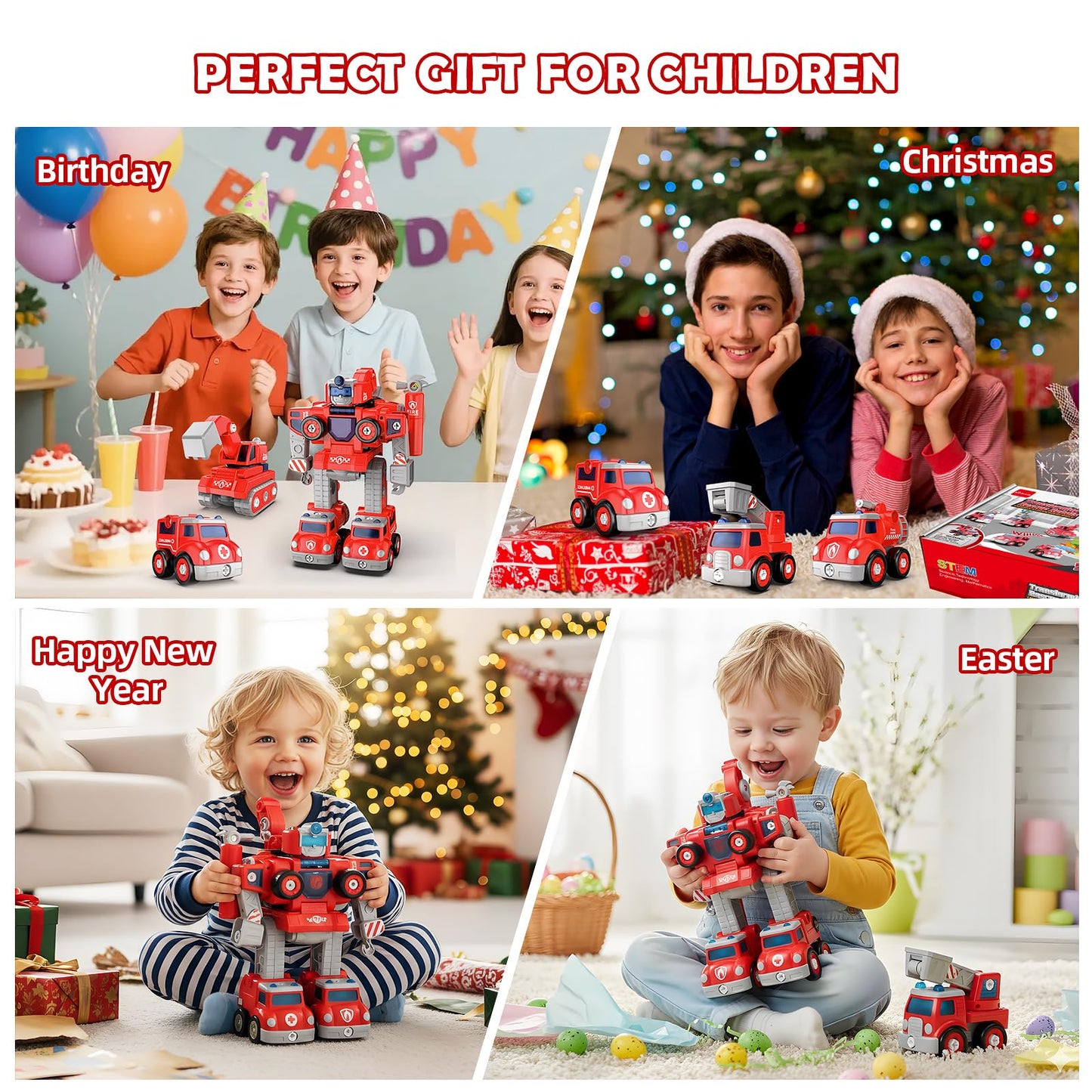 Baobrava 3 4 5 6 Year Old Boy Birthday Gift, 5-in-1 Take Apart Fire Truck Toys, Transformers Robot Toys for Boys 3-8, STEM Montessori Drill Screw Set, Creative Educational Construction Gifts