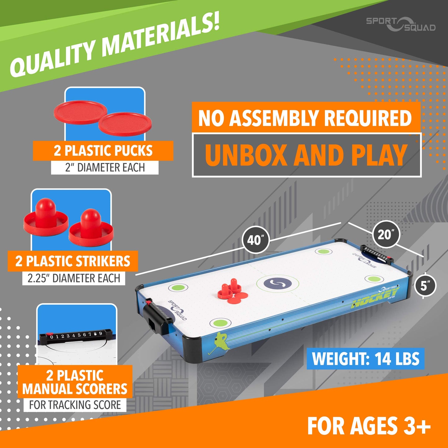 Sport Squad HX40 40 inch Table Top Air Hockey Table for Kids and Adults - Electric Motor Fan - Includes 2 Pushers and 2 Air Hockey Pucks - Great for Playing on The Floor, Tabletop, or Dorm Room