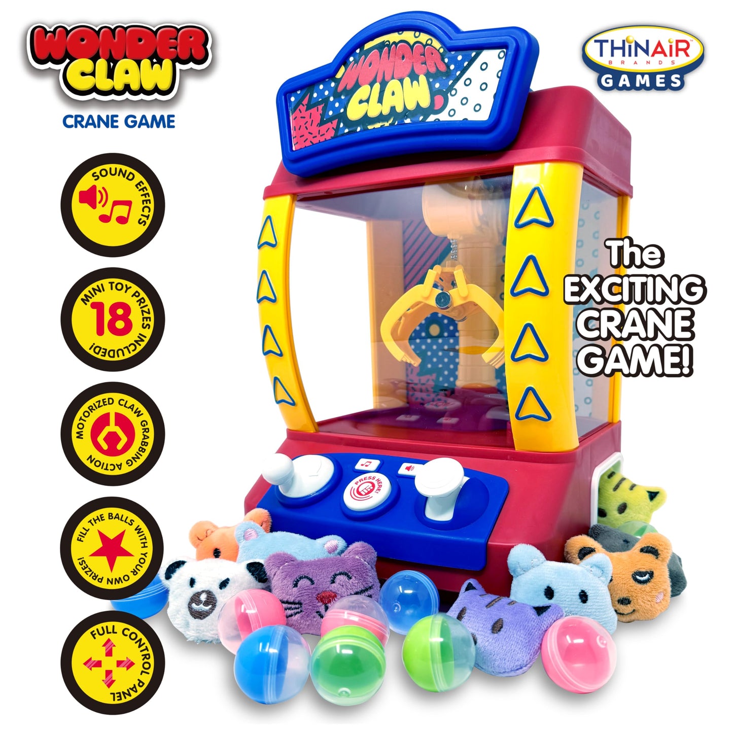 Thin Air Brands Wonder Claw Machine Crane Game for Kids - Arcade Style with 9 Stuffed Animal Prizes and 9 Balls, Sound Effects - Perfect Birthday Surprise Toy Grabber Arcade Game