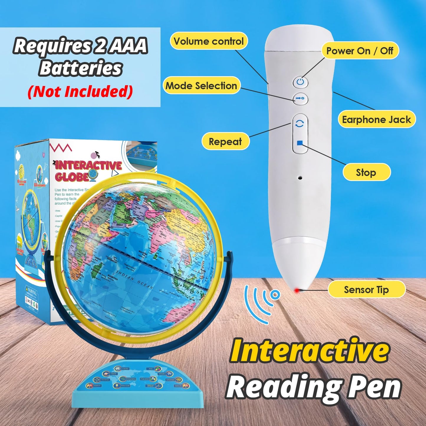 Interactive Globe for Children Ages 6-12 | Educational Toys with Smart Pen, 300+ Geography Quiz Games | Learning Earth World Globe for Kids Ages 6+ Classroom, Home, Birthday Gift Idea