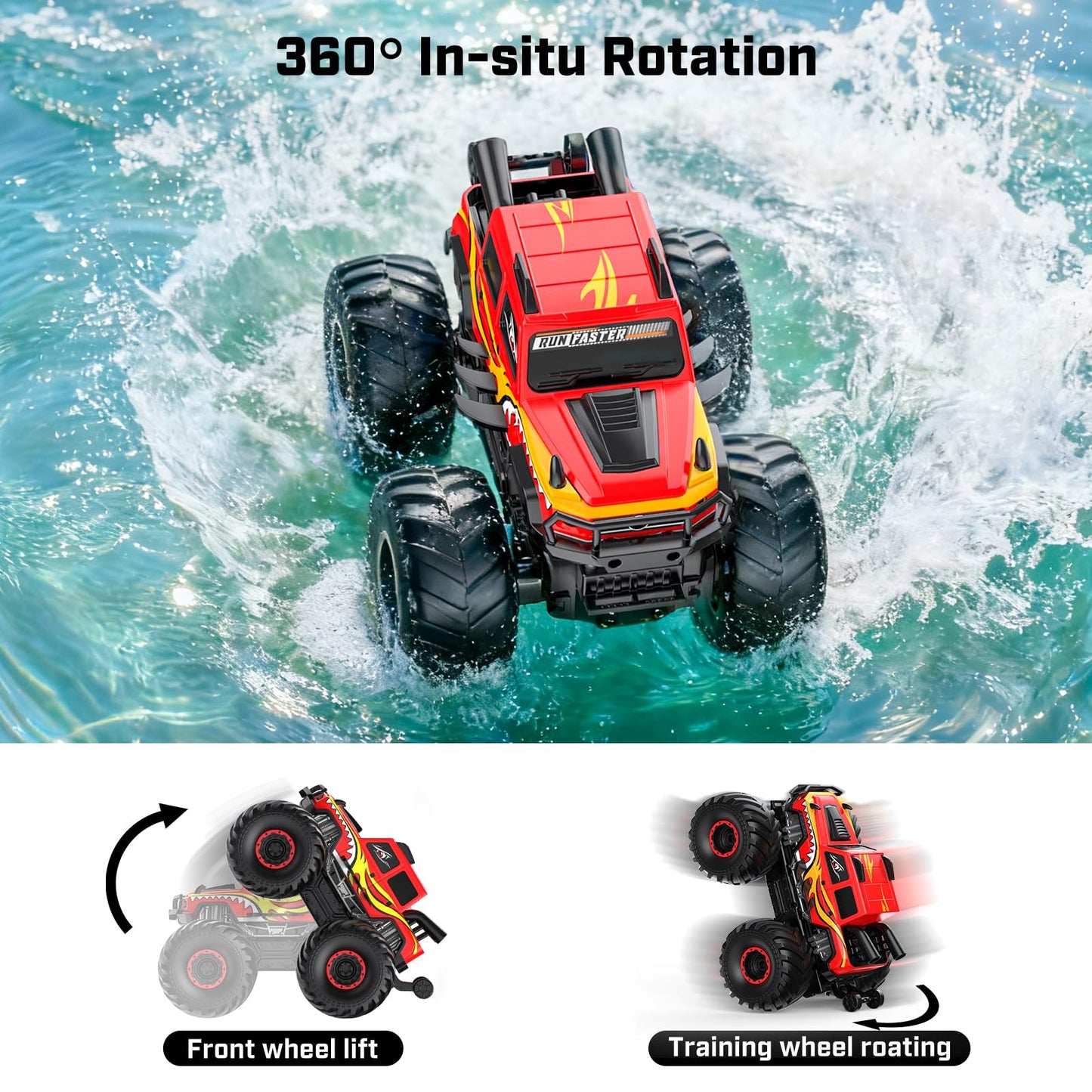 WayEee Remote Control Car Toys for Kids 6+, RC Car Waterproof Monster Truck Toys, Amphibious 4X4 Pickup, All Terrain Off-Road Vehicles, 2.4GHz Remote Control, 1/18 Scale RC Truck Boys Gifts/Red