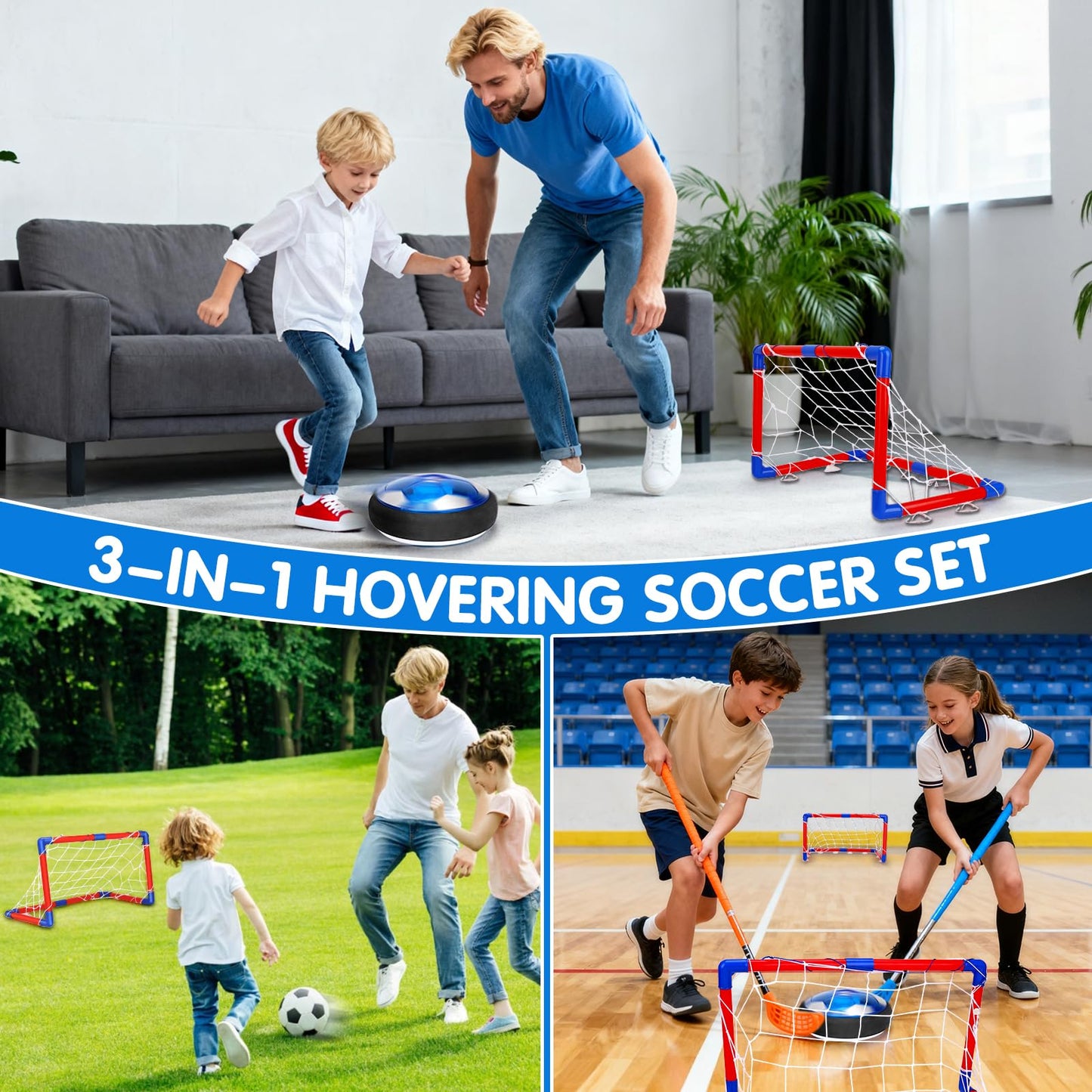 Qirptey 3 in 1 Hover Soccer Ball Toddler Hockey Set with LED Lights Indoor Toys for Kids Soccer Gift for Boys 6-8 8-12 Kids Sports Soccer Games 3 4 5 6 7 8 Year Old Boy Age 4-8 Birthday Gift