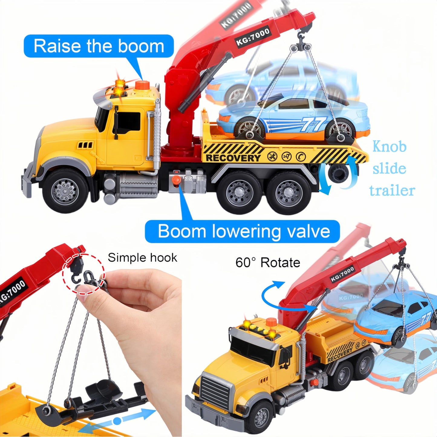 DDZOOU Kids Tow Truck with Car Toys for Boys Ages 4-7, Large Tow Truck Toys with Working Hook Lights and Music Rescue Toys for Kids 8-12 Birthdays