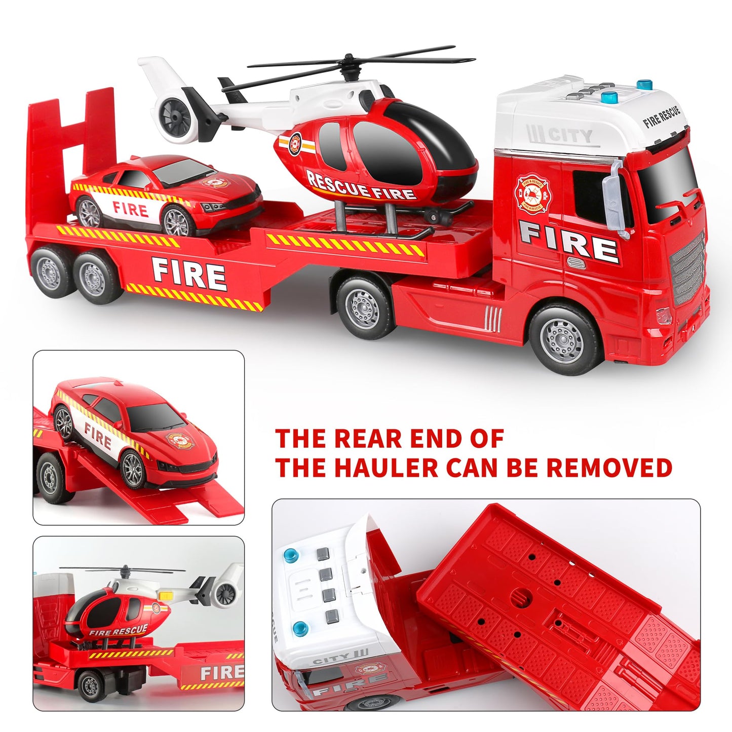 Dwi Dowellin 25.6" Semi Truck Toy with Racing Car and Helicopter for Kids Toddlers - Fire Toys,Birthday Gifts for Boy Toddler Child 2 3 4 5 6 Years Old